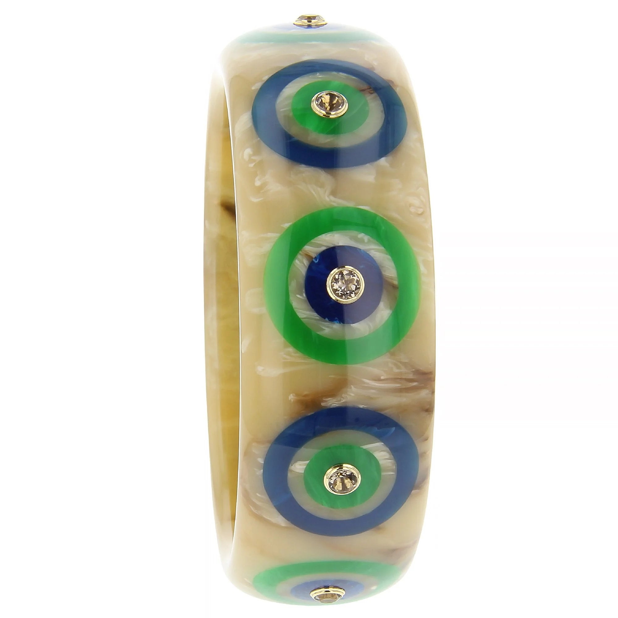 Aimee Bangle | Bakelite with Bullseye Pattern Inlay and Stone on Model.