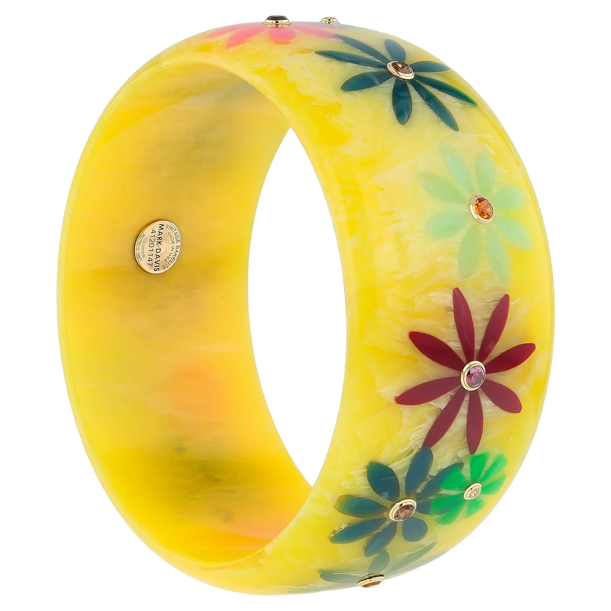Aiysha Bangle | Sunny yellow bakelite with inlay and stones.