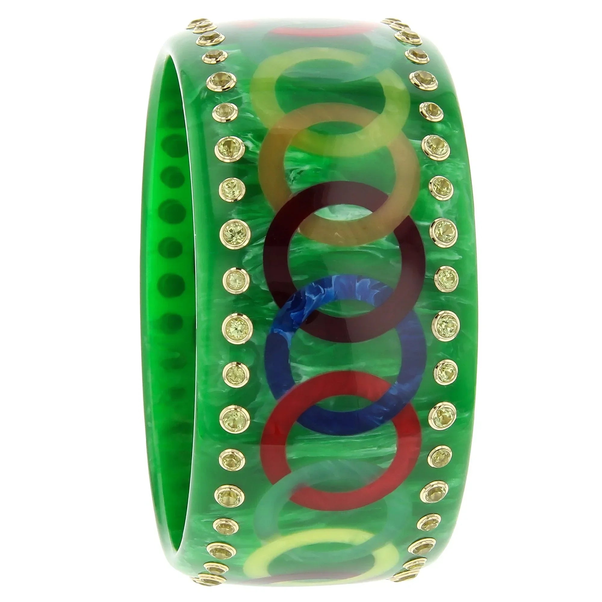 Alessia Bangle | Bakelite with endless chain design inlay and stones.