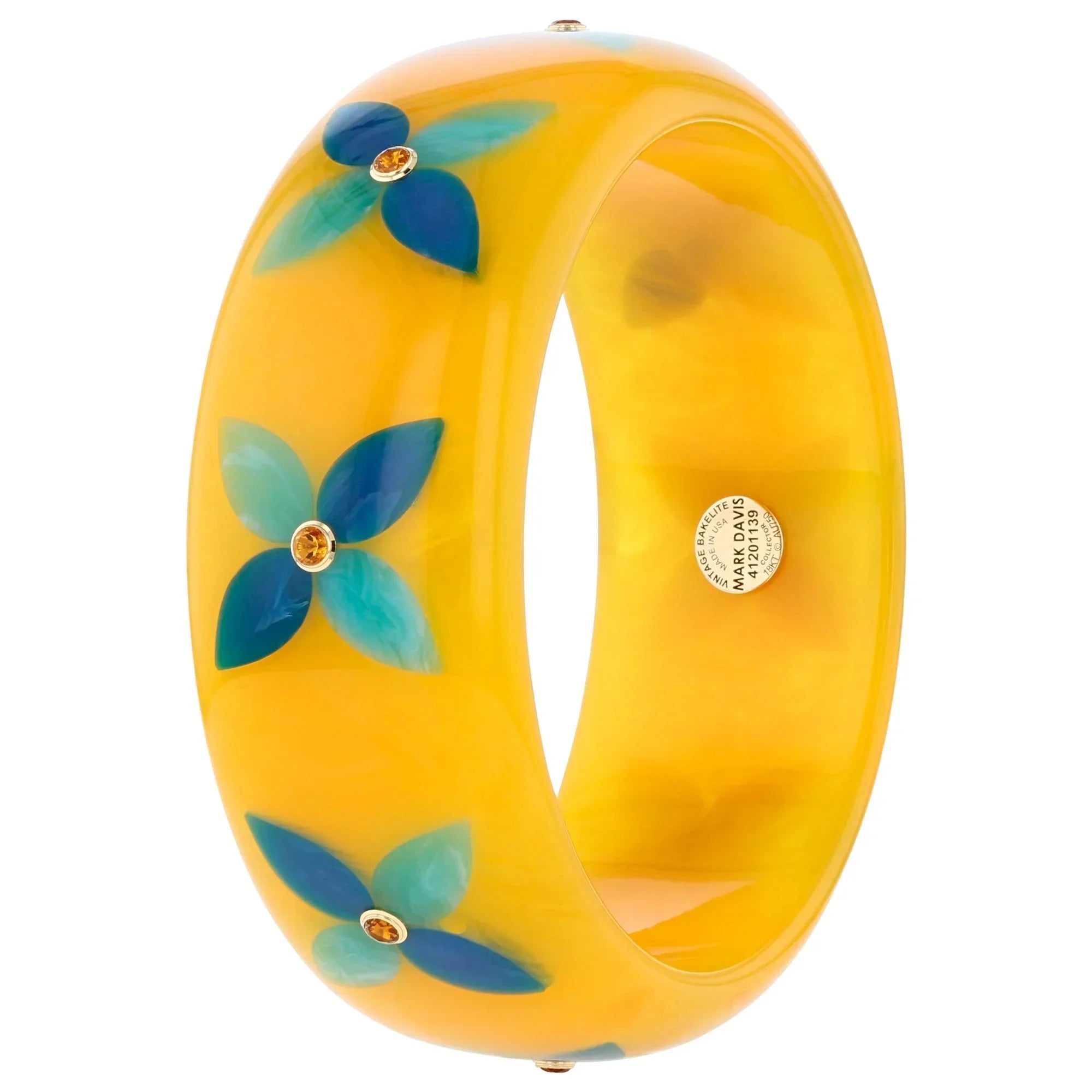 Alyssa Bangle | Bright yellow bakelite bangle with inlay and stones.