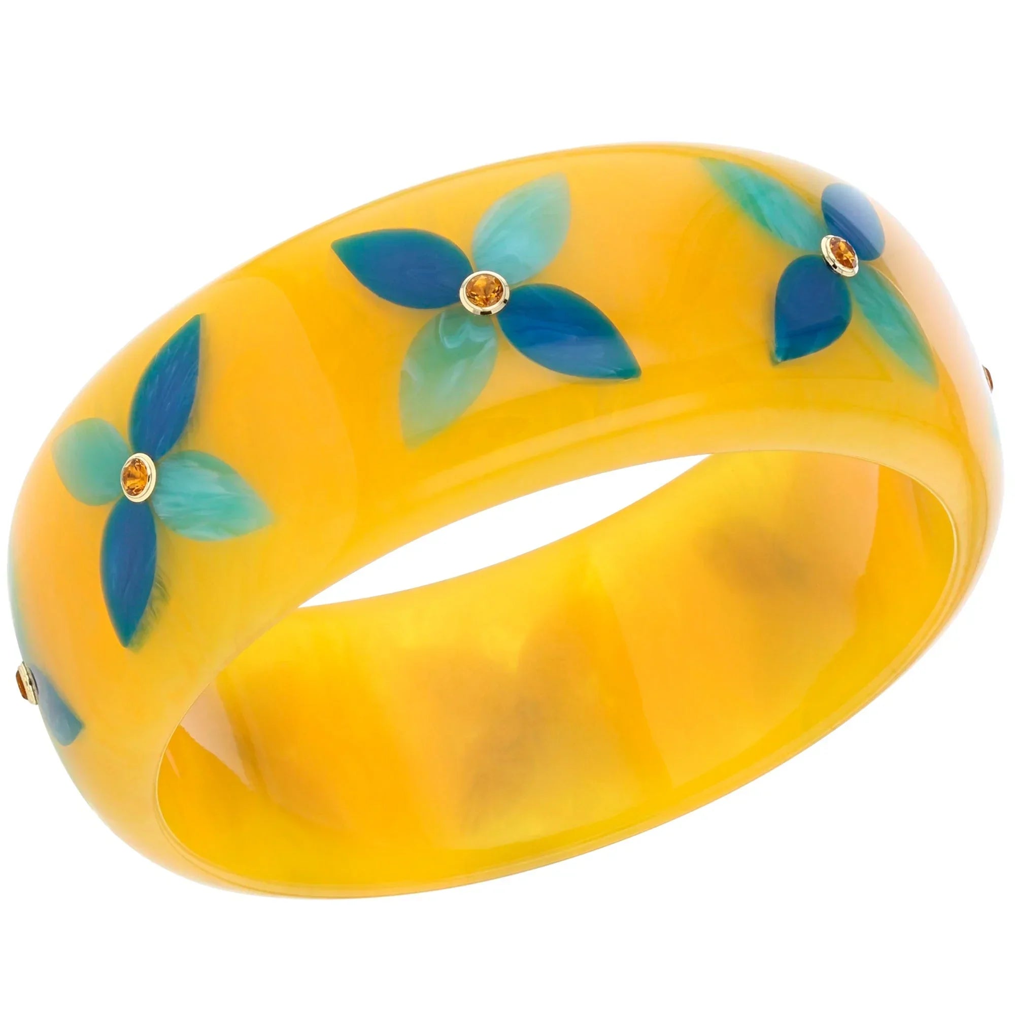 Alyssa Bangle | Bright yellow bakelite bangle with inlay and stones.