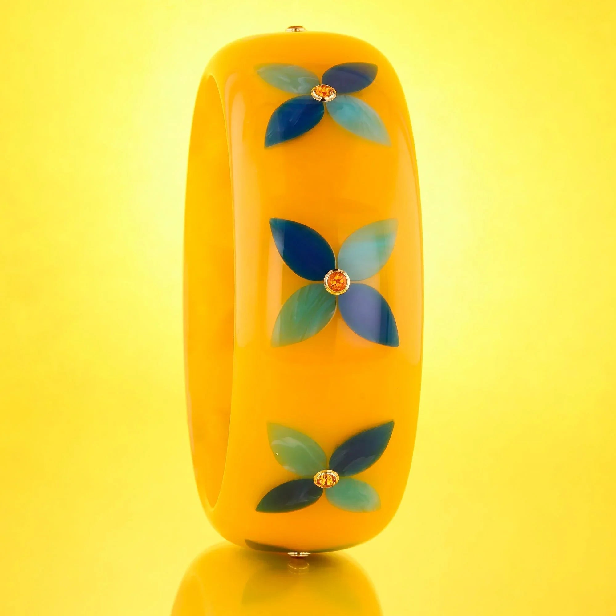 Alyssa Bangle | Bright yellow bakelite bangle with inlay and stones.