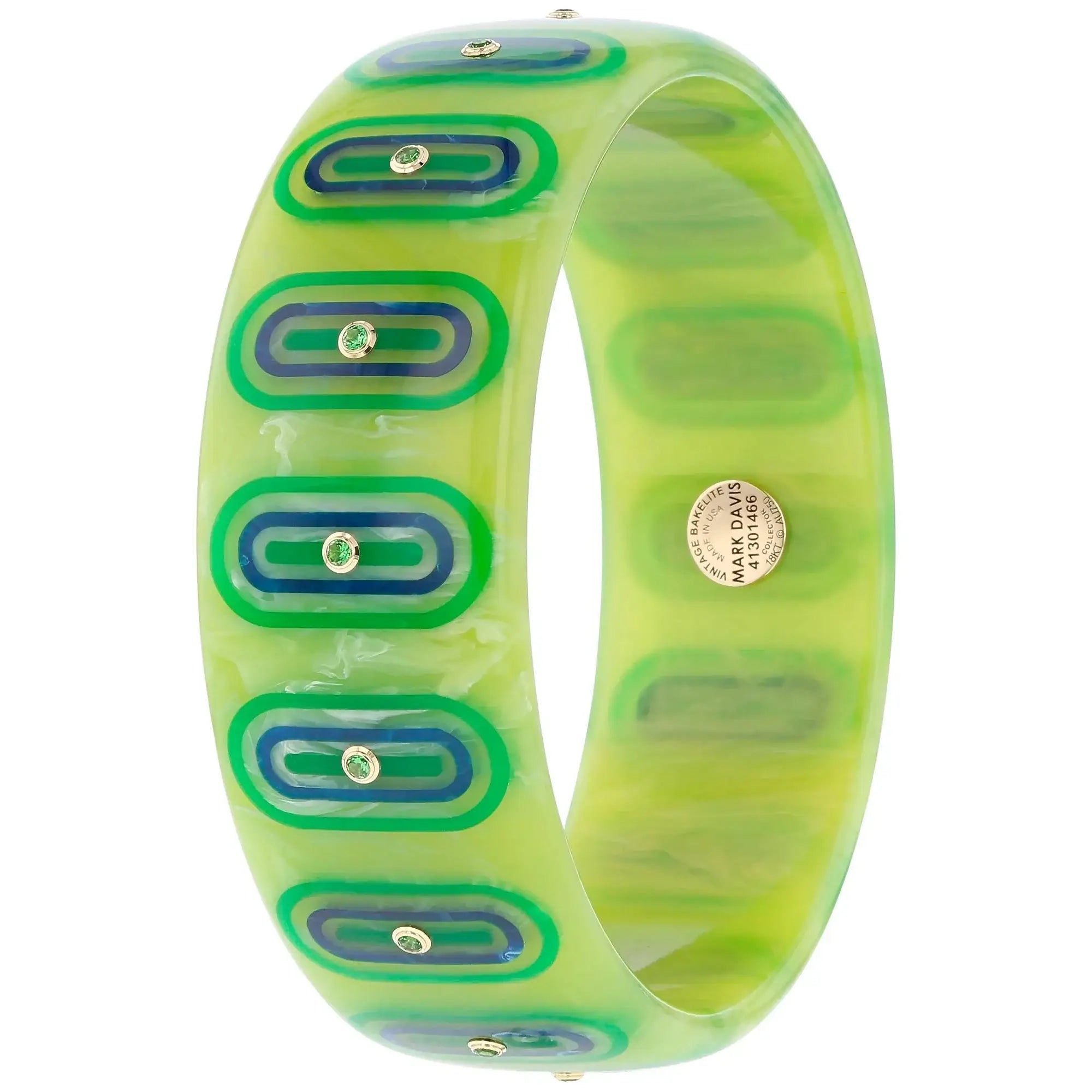 Beatrice Bangle | Lime green bakelite with inlay and stones.