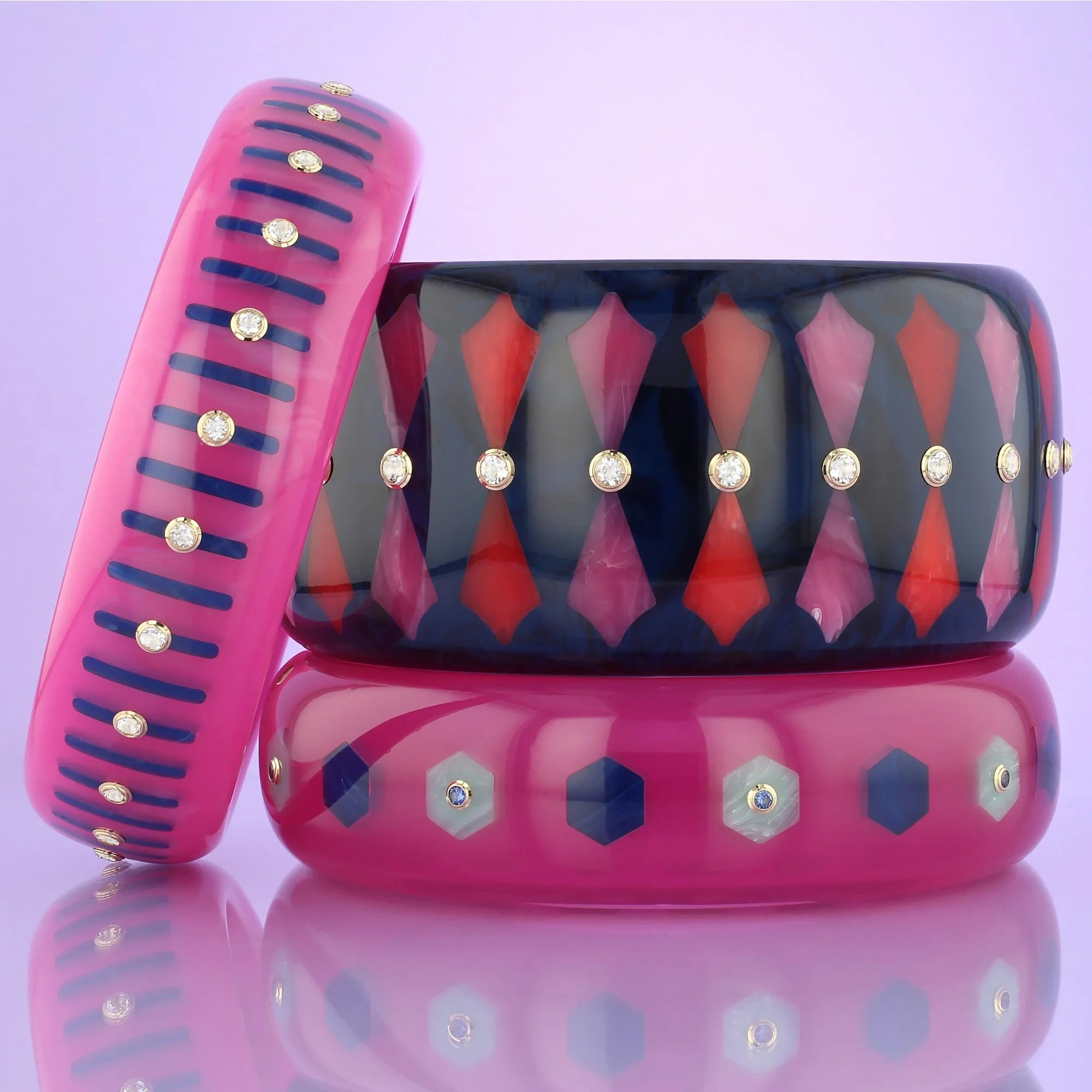 Blair Bangle | Bakelite with hexagonal shapes inlay and stones.