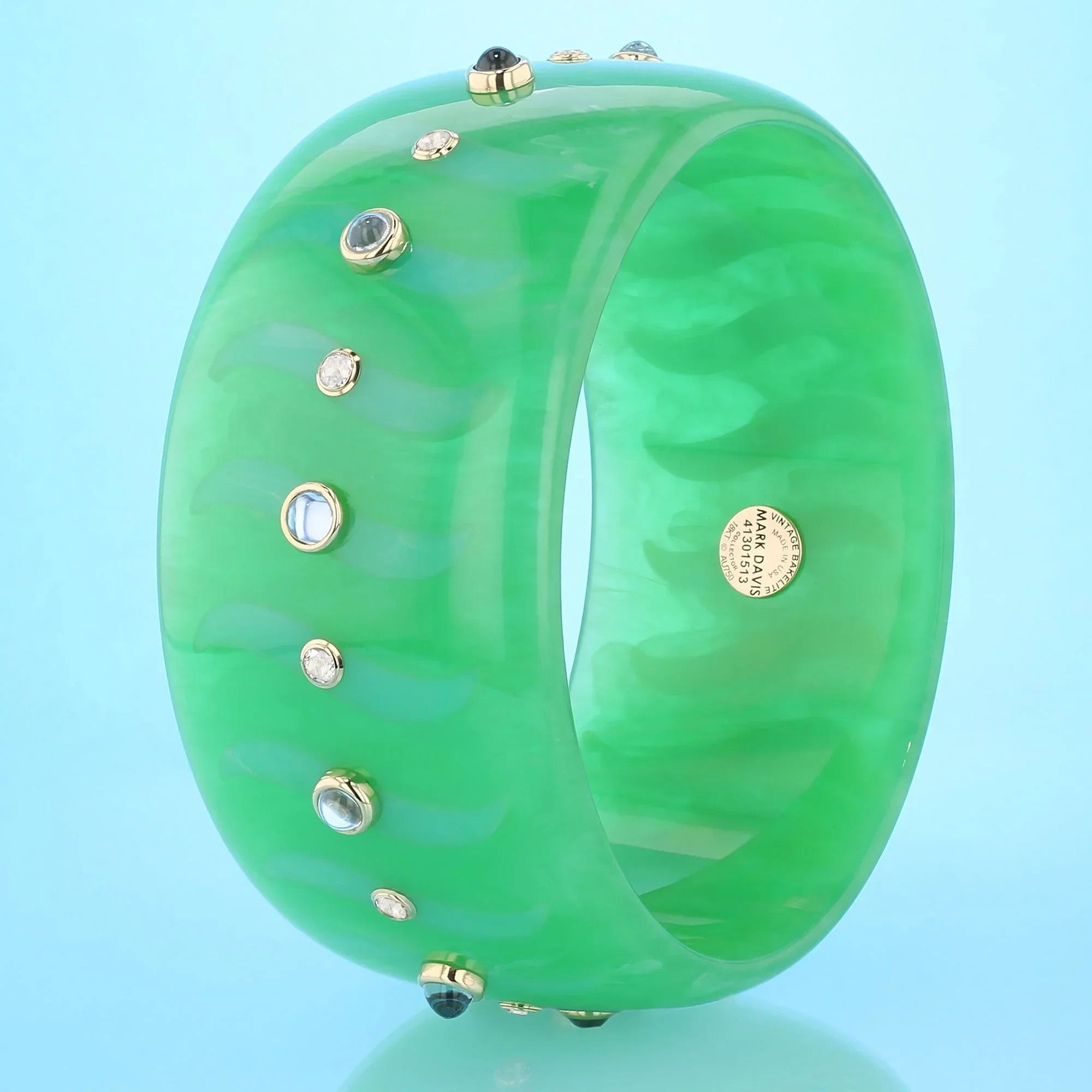 Bliss Bangle | Vibrant green bakelite with inlay and stones.