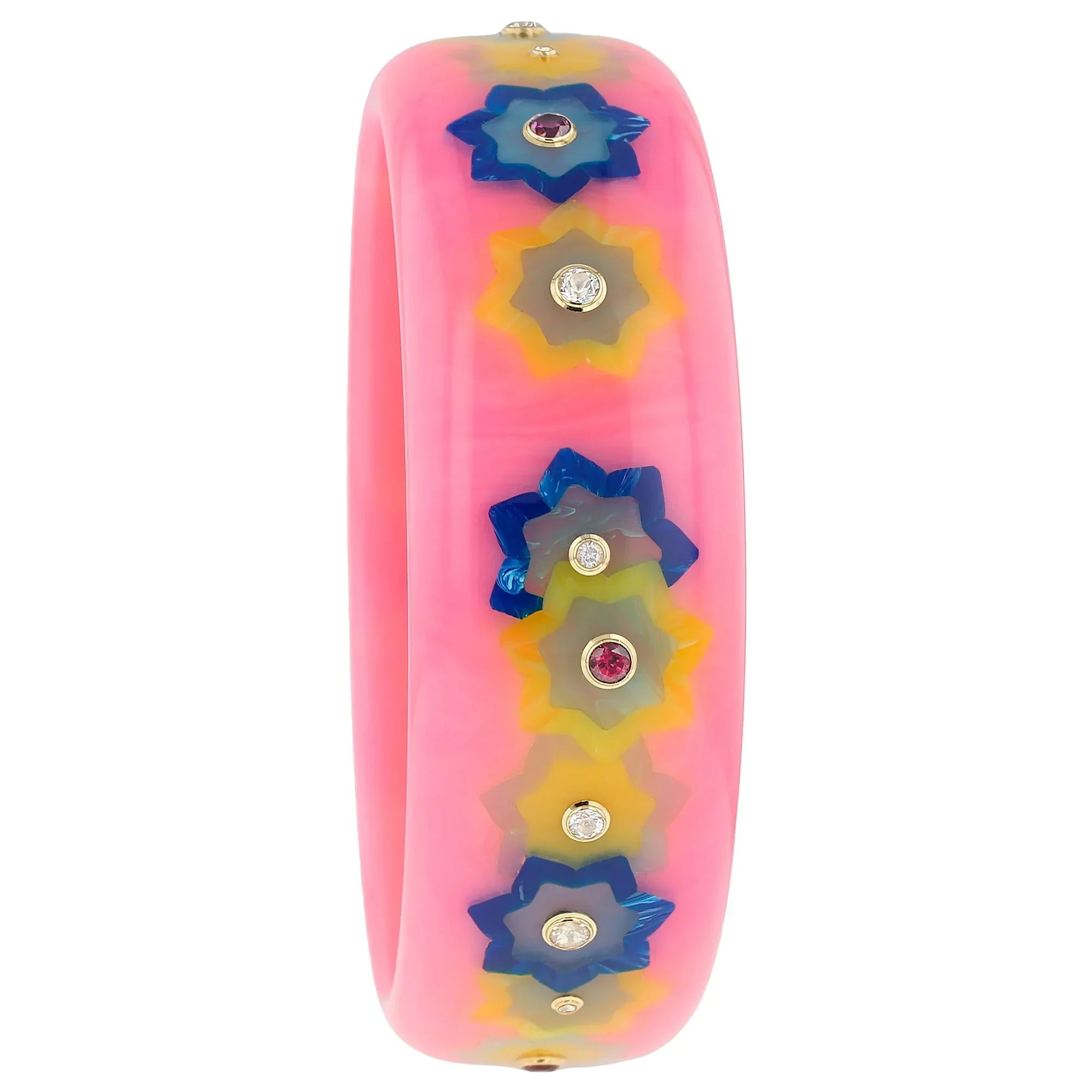 Blossom Bangle | Rose pink bakelite with inlay and stones.