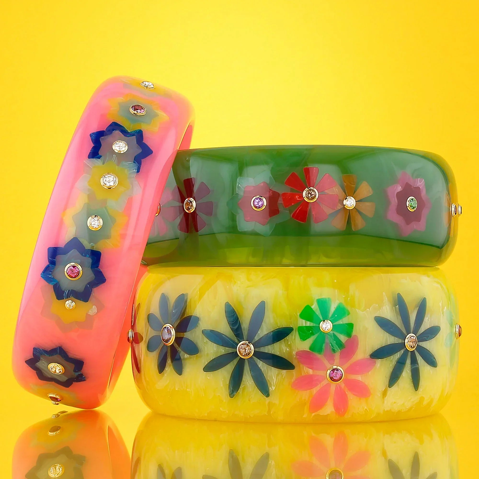 Blossom Bangle | Rose pink bakelite with inlay and stones.