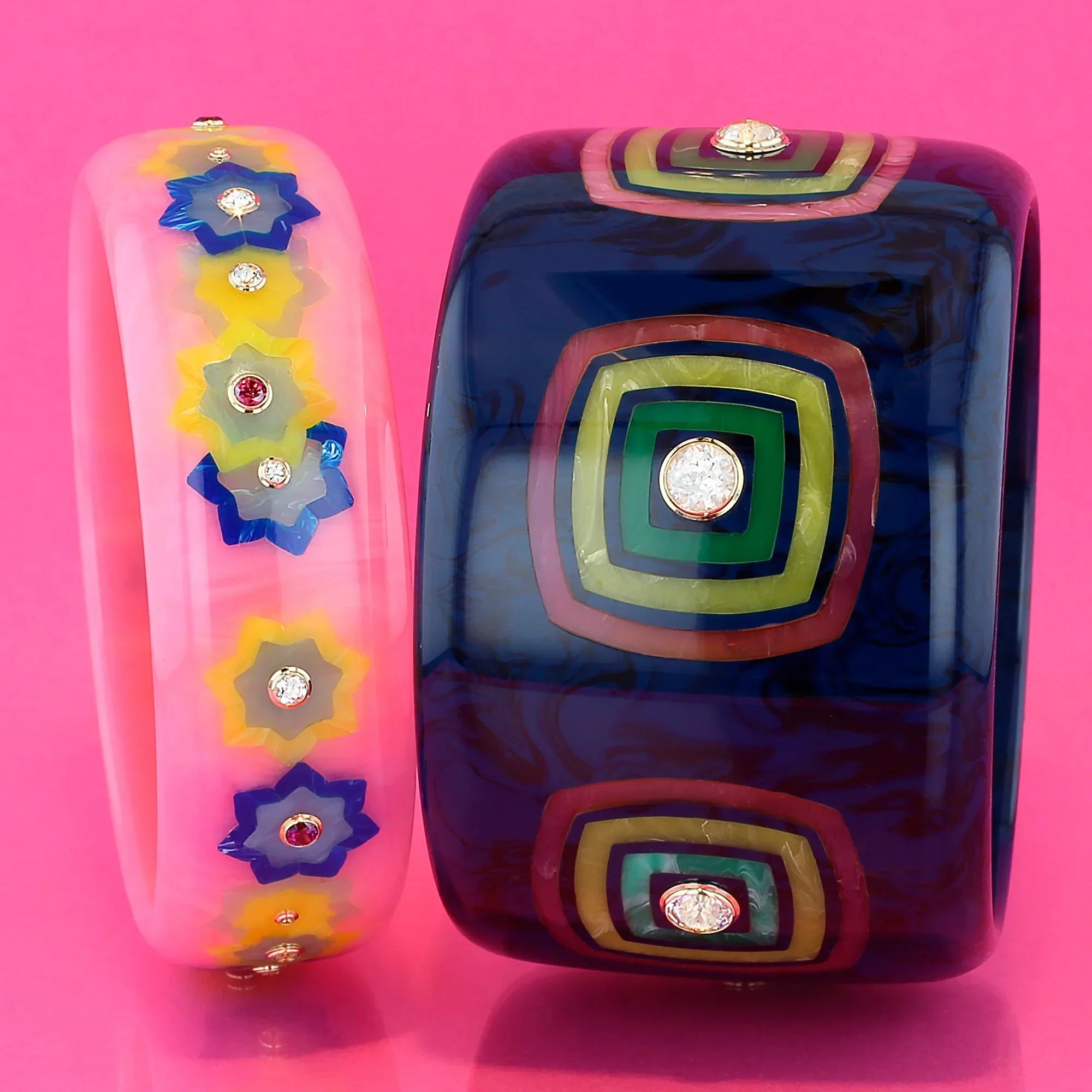Blossom Bangle | Rose pink bakelite with inlay and stones.