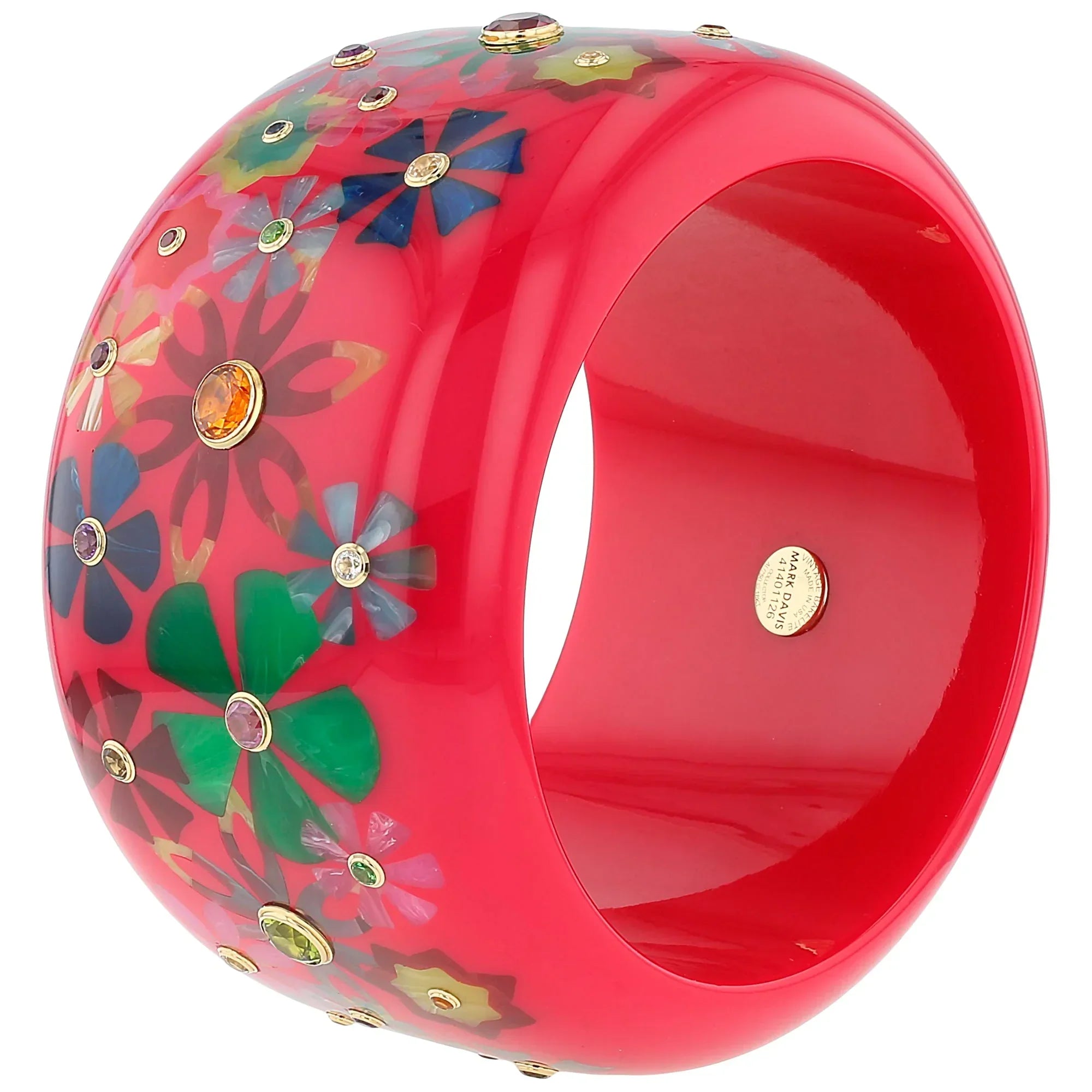 Bluma Bangle | Raspberry pink bakelite with inlay and stones.