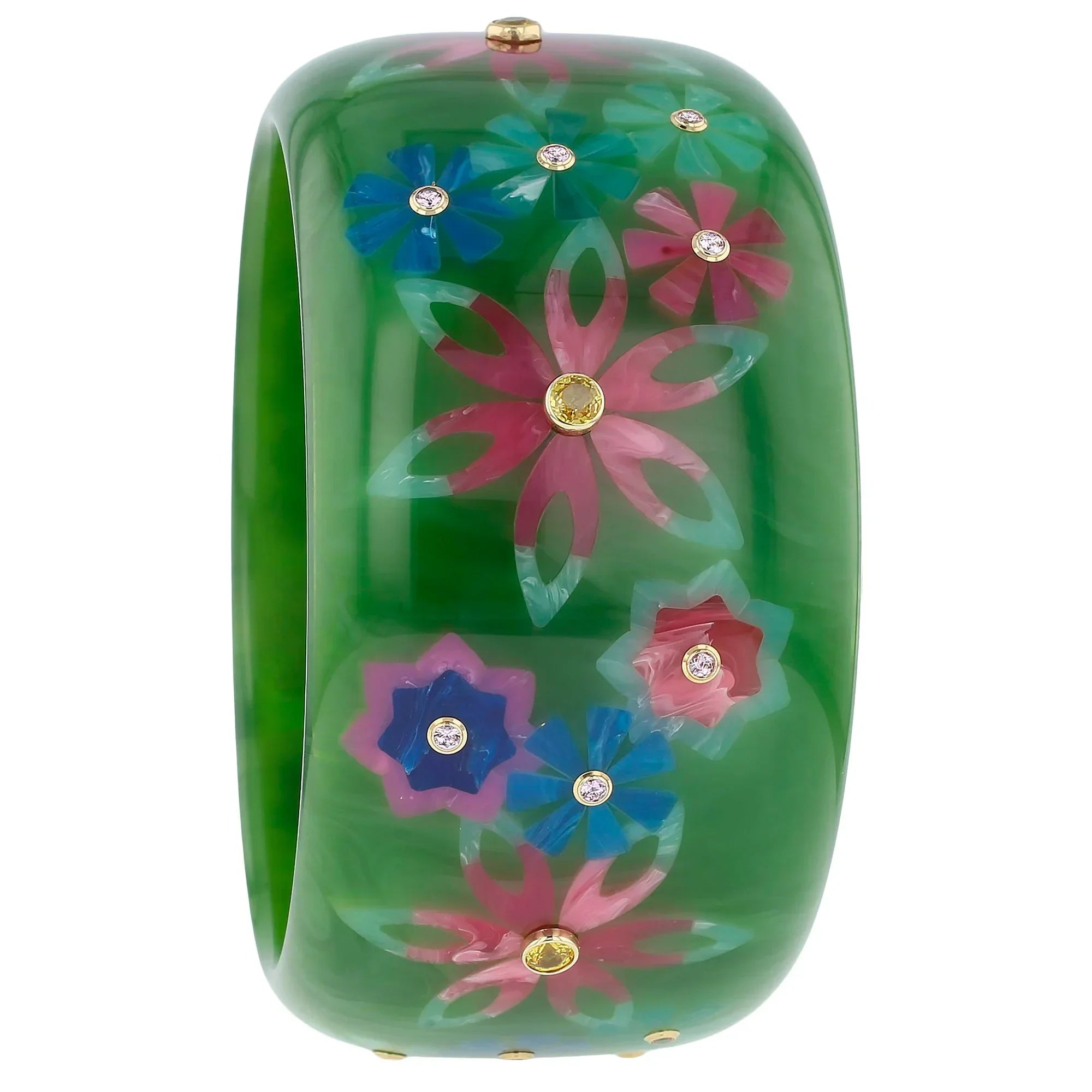 Bluma Bangle | Forest green bakelite with inlay and stones.