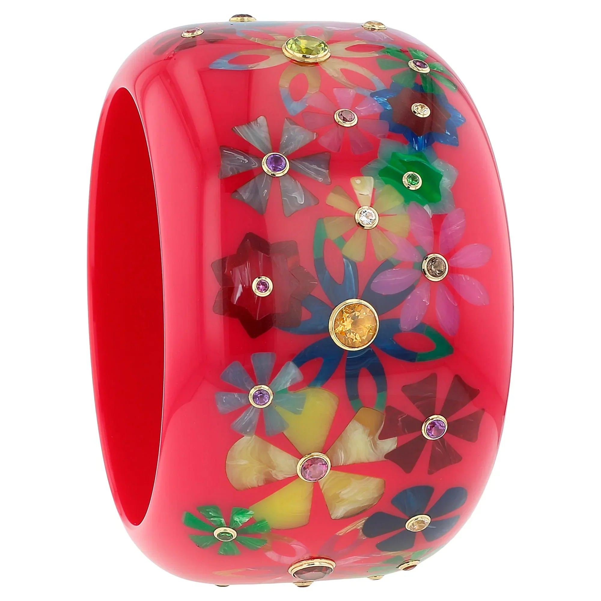 Bluma Bangle | Raspberry pink bakelite with inlay and stones.
