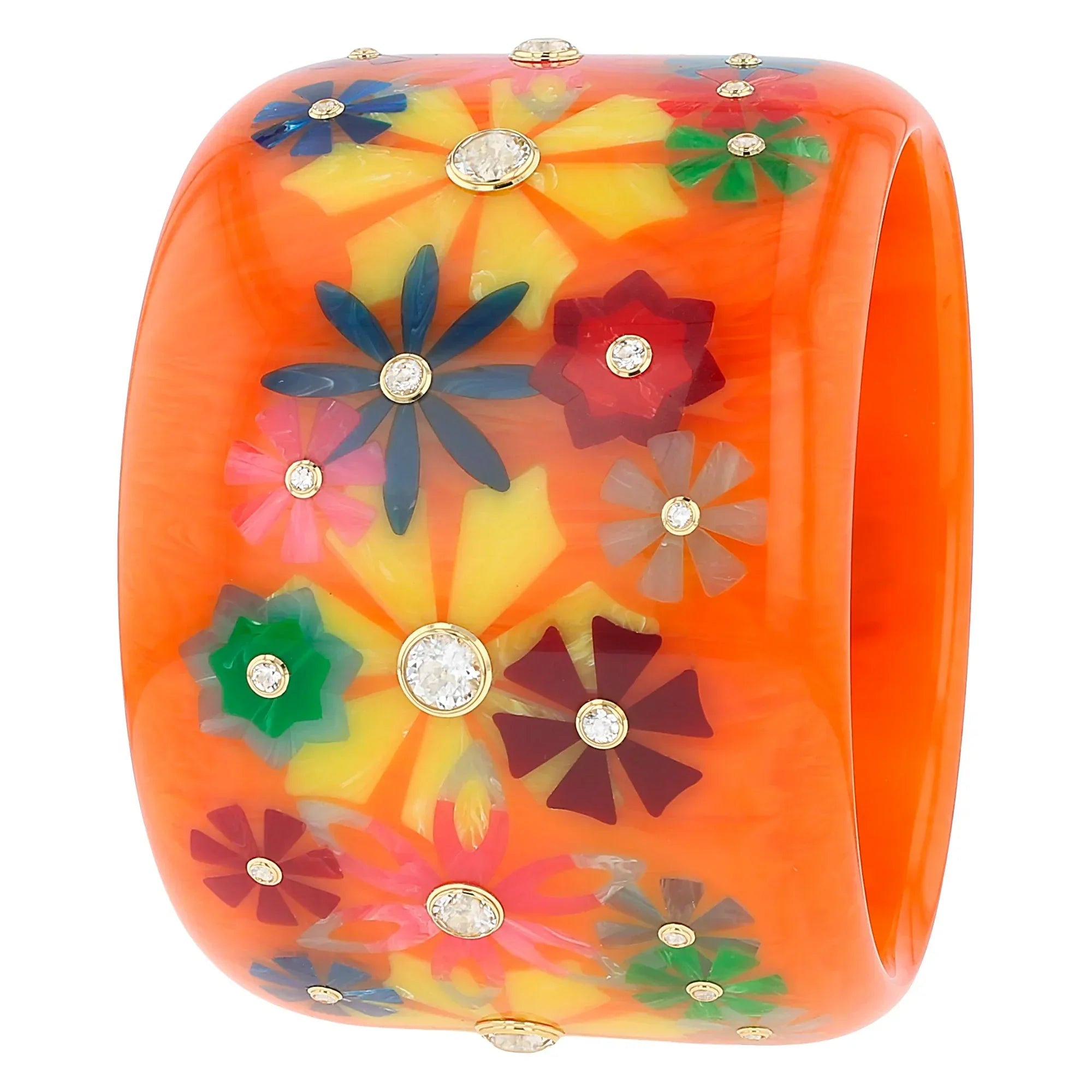 Bluma Bangle | Saturated orange bakelite with inlay and stones.