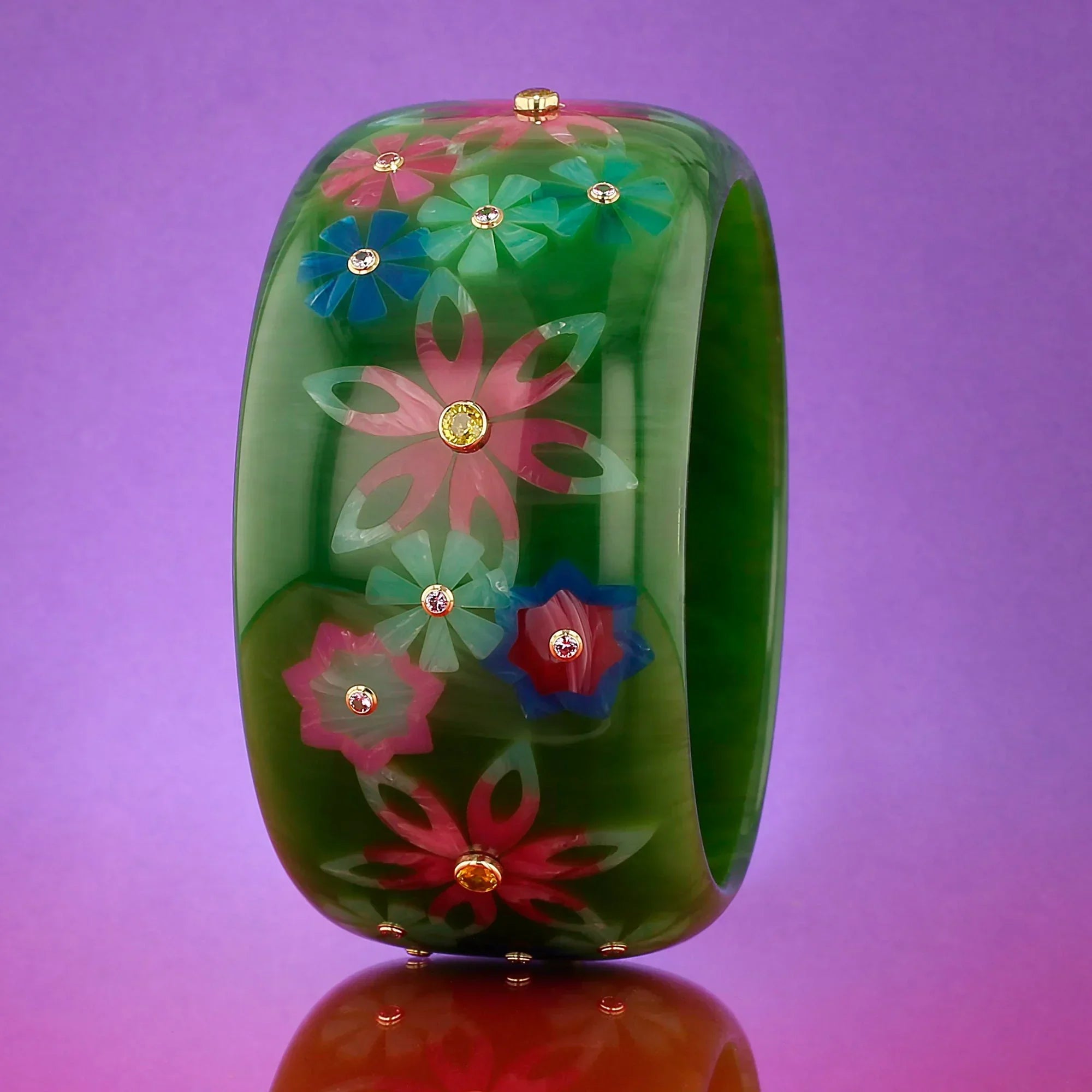Bluma Bangle | Forest green bakelite with inlay and stones.