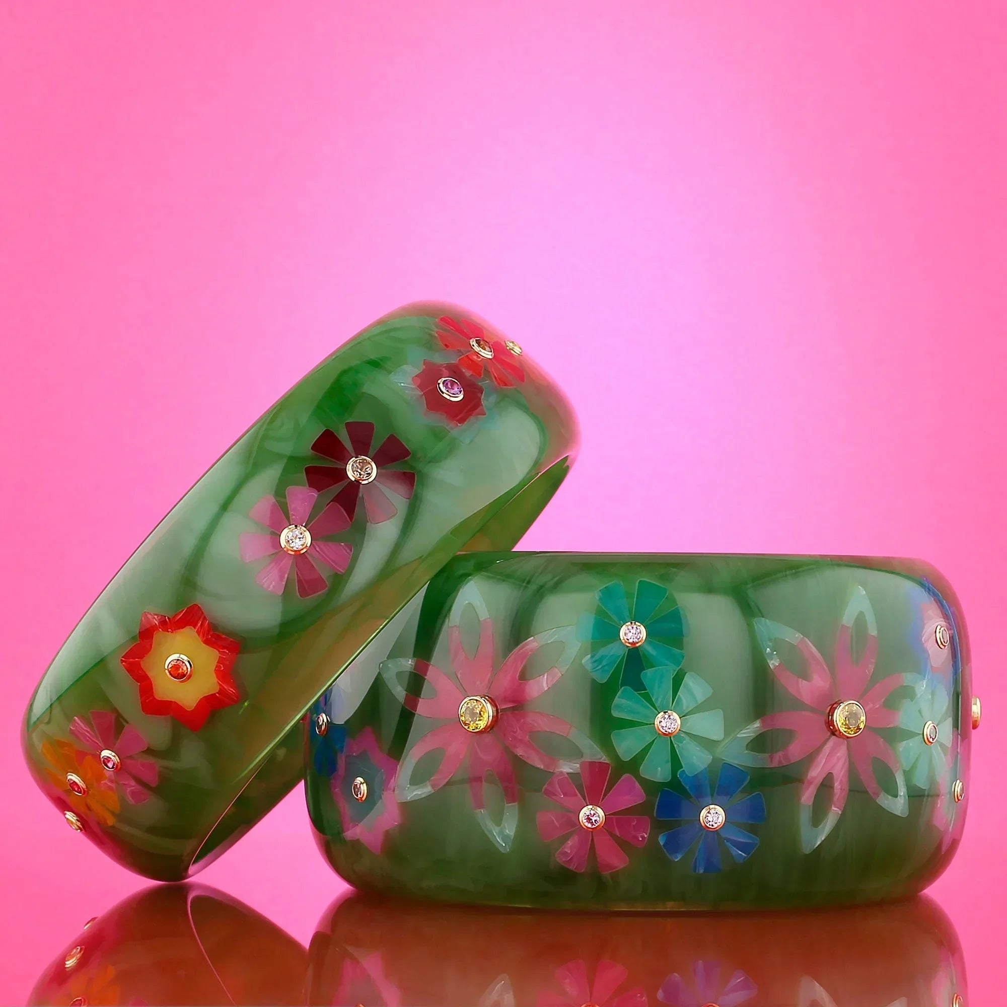Bluma Bangle | Forest green bakelite with inlay and stones.