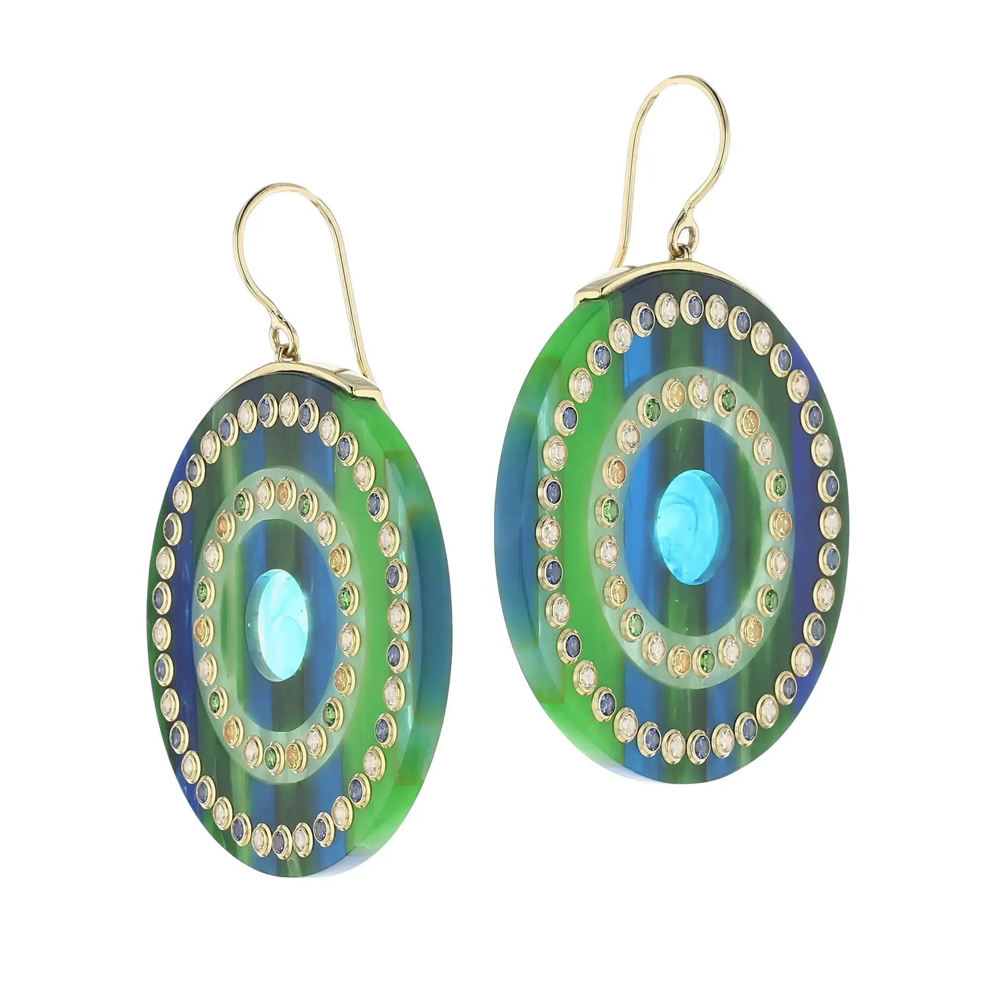 Blythe Earrings | Bakelite dangle earrings with translucent blue inlay and stones.