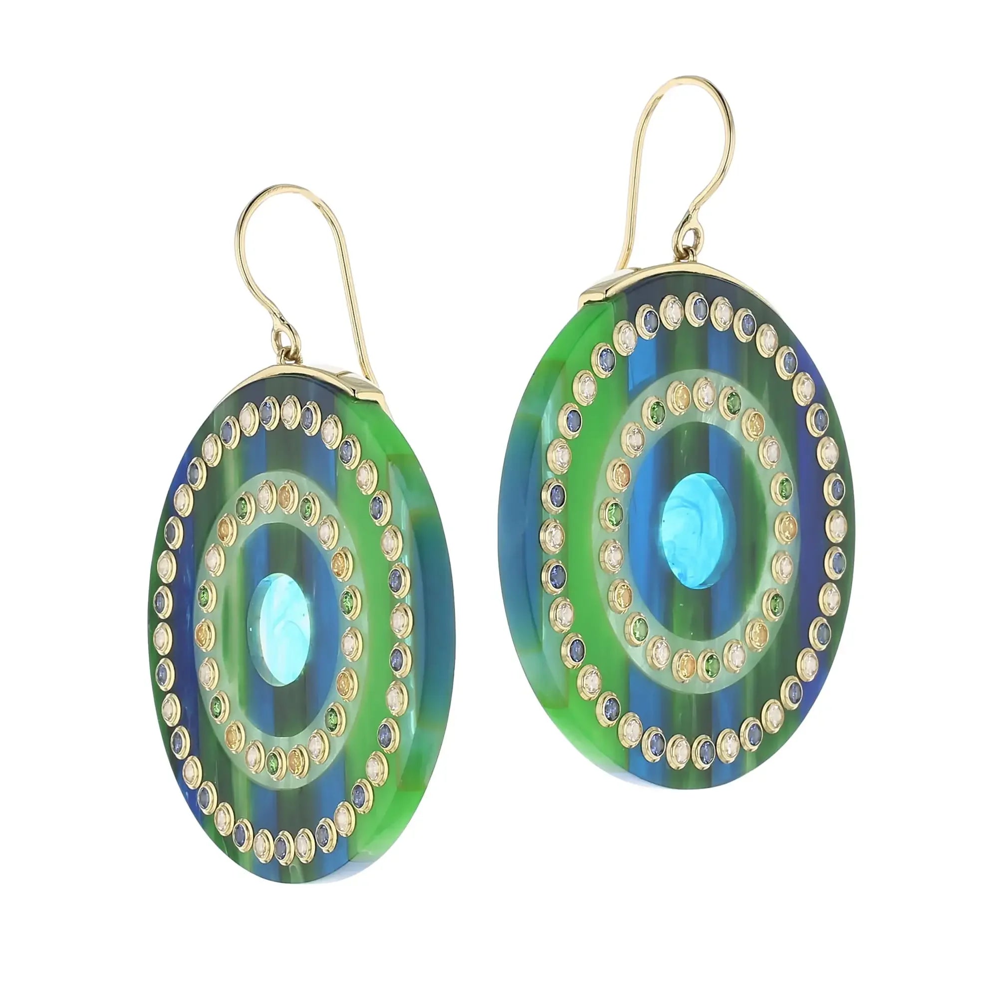 Blythe Earrings | Bakelite dangle earrings with translucent blue inlay and stones.