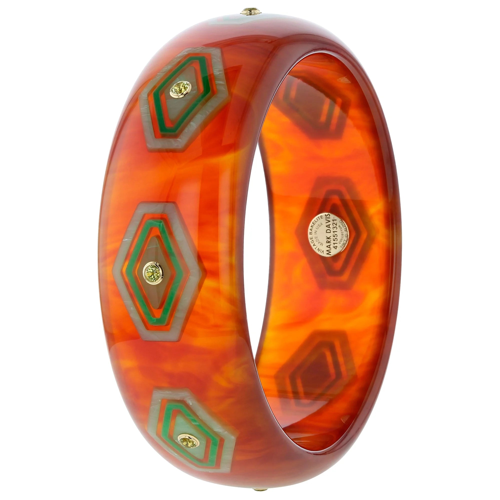 Brady Bangle | Bakelite bangle with nested diamond pattern inlay and stones.