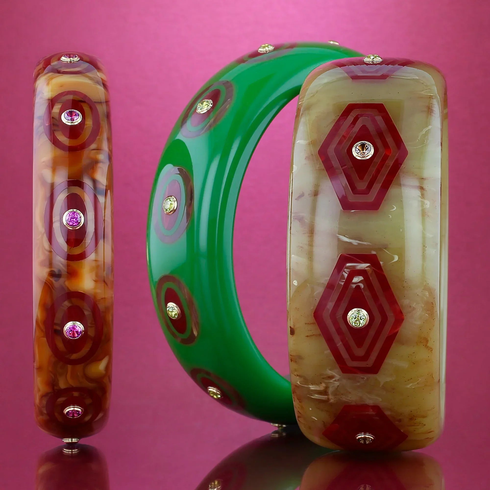Brady Bangle | Bakelite with angular hexagons inlay and stones.