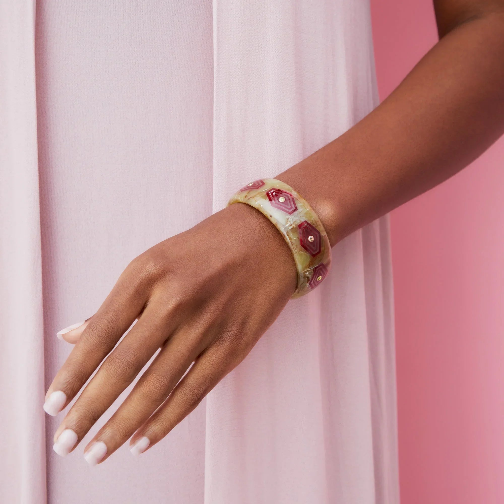 Brady Bangle | Bakelite with angular hexagons inlay and stones.