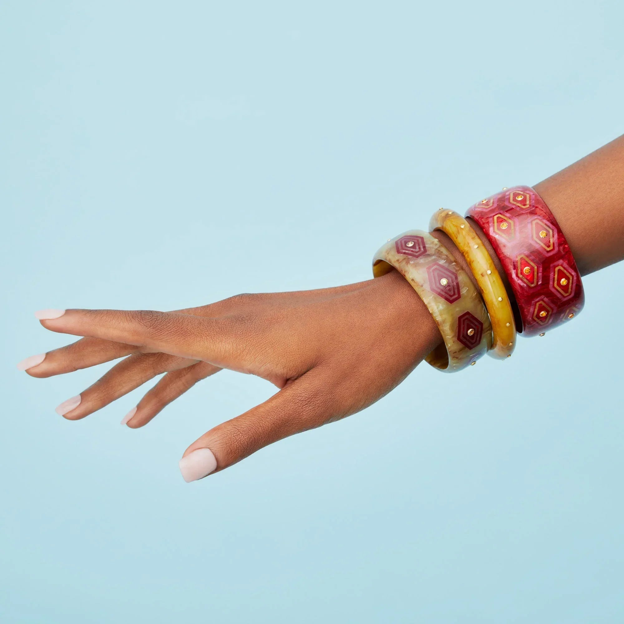 Brady Bangle | Bakelite with angular hexagons inlay and stones.
