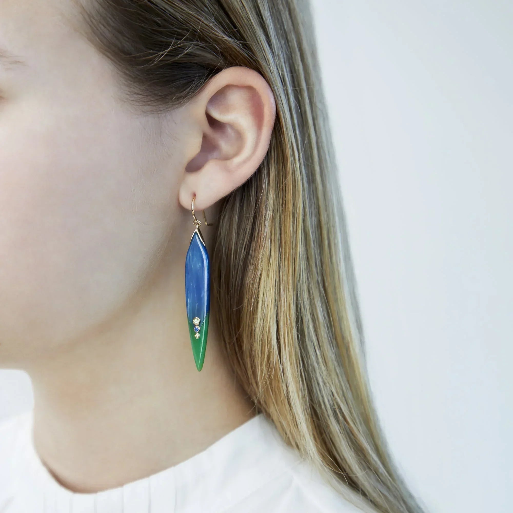 Camilla Earrings | Inverted flame shape bakelite drop earrings with stones.