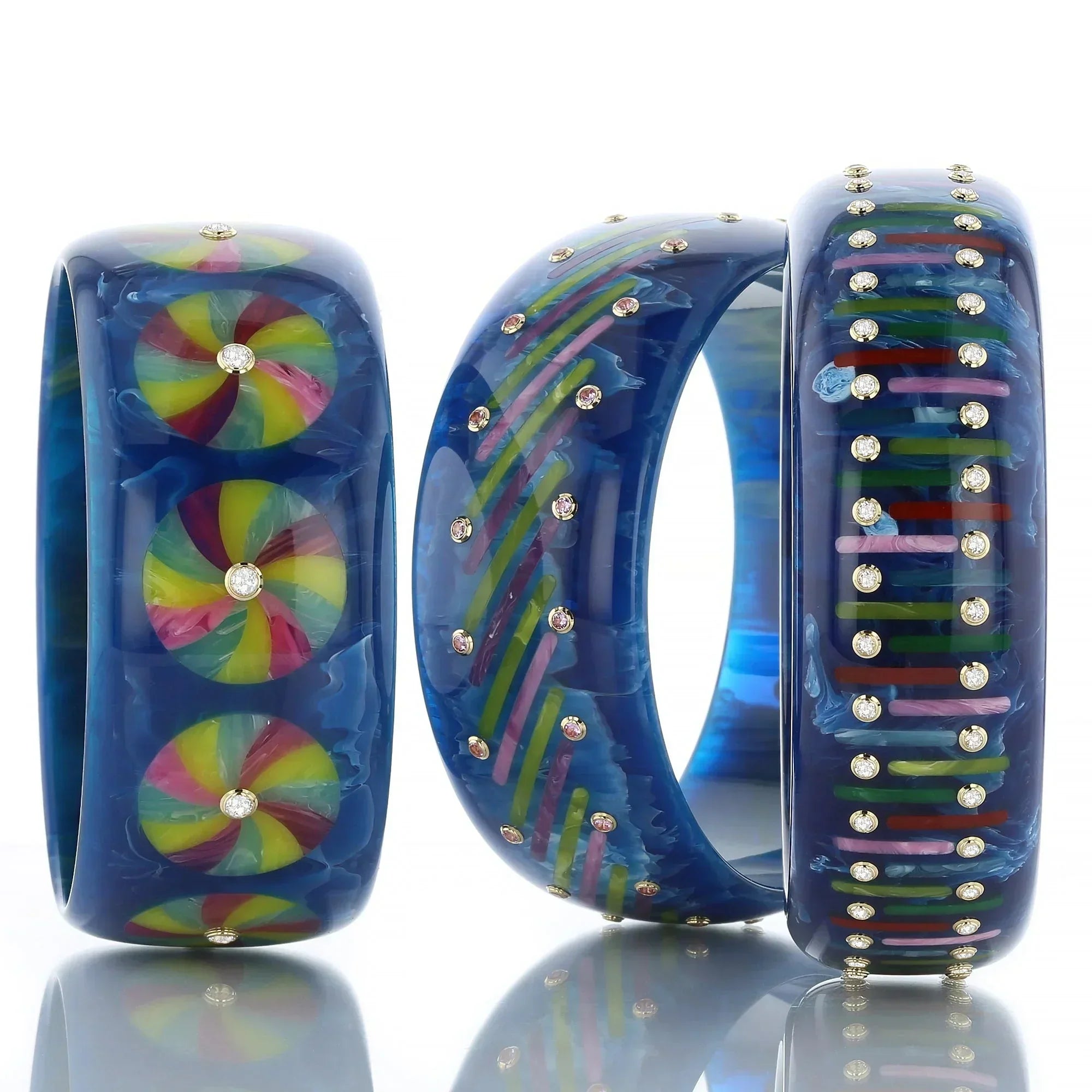 Candace Bangle | Bakelite bangle with striped circle inlay and stones.