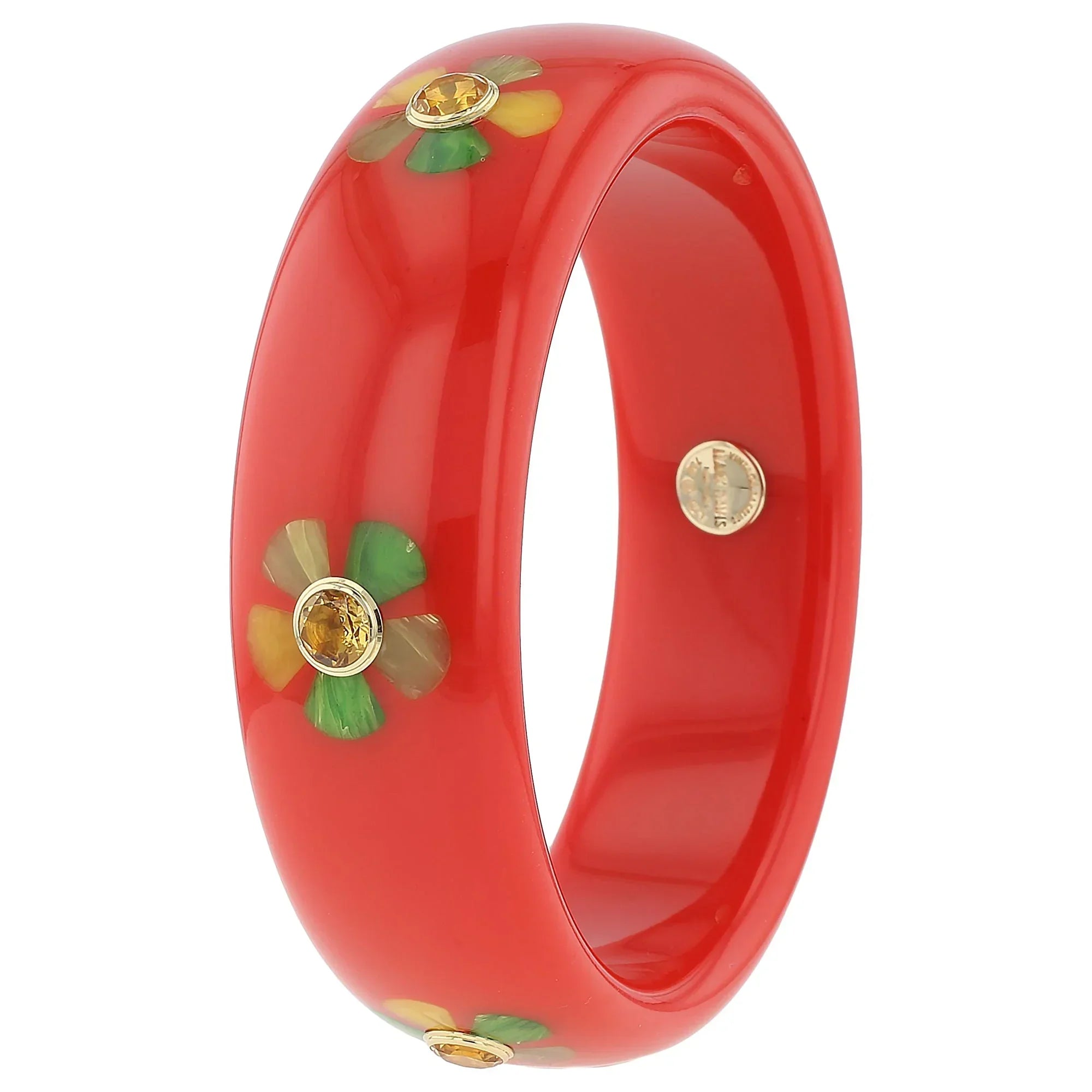 Carmine Bangle | Red orange bakelite with inlay and stones.