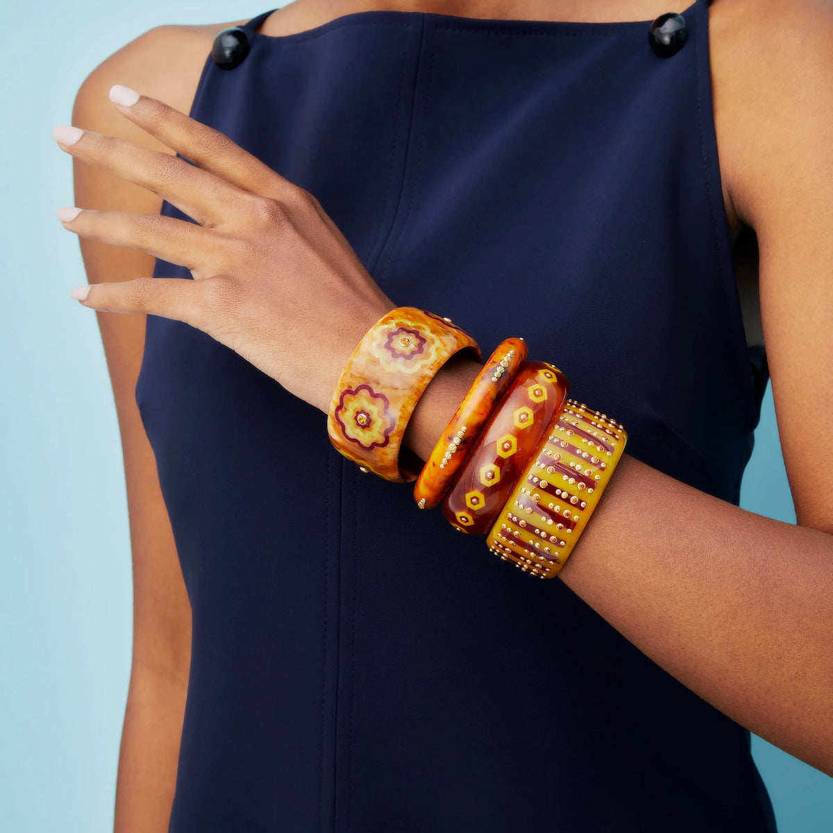 Cece Bangle | Bakelite with inlay and stones.