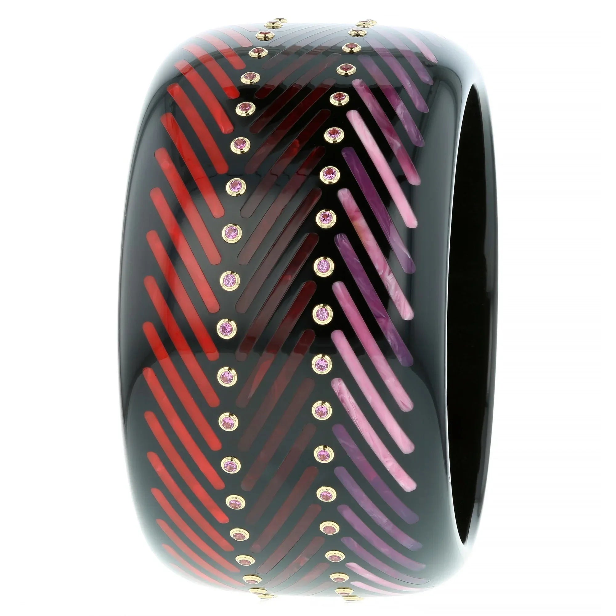 Clara III Bangle | Bakelite with parallel slanted line inlay and stones.
