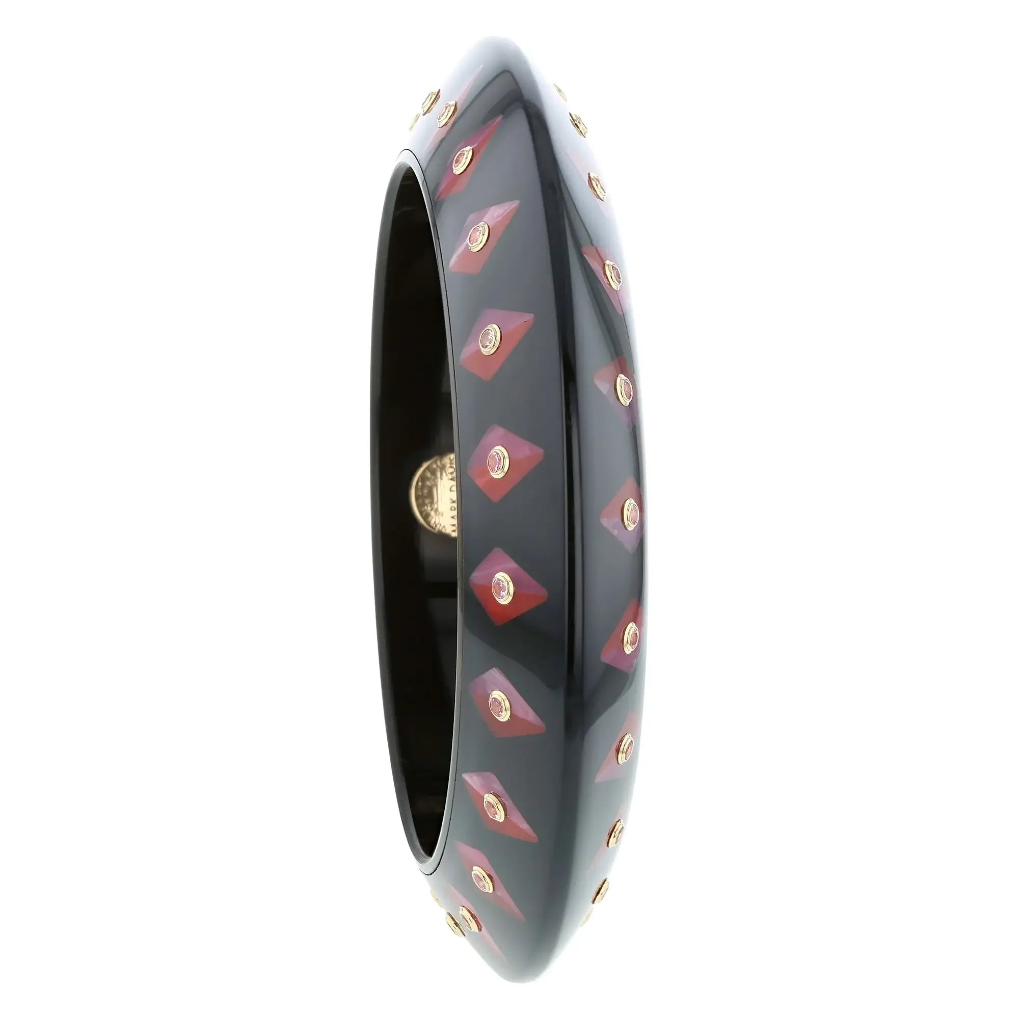 Daira Bangle | Knife-edge bakelite with inlay and stones.