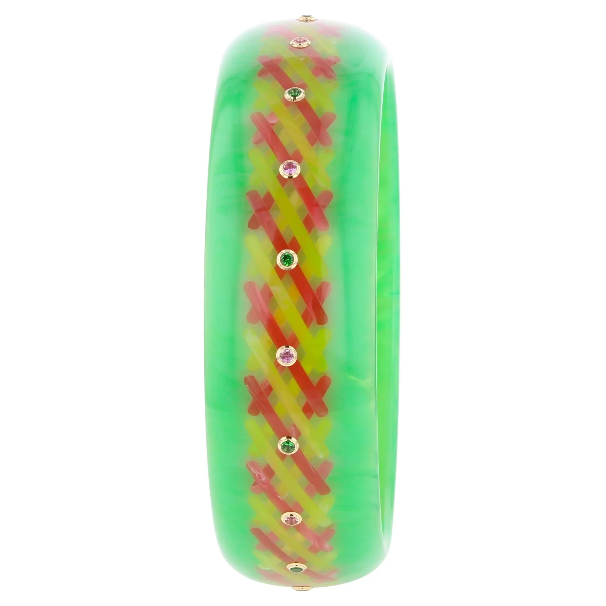 Elise Bangle | Bright green bakelite with inlay and stones.