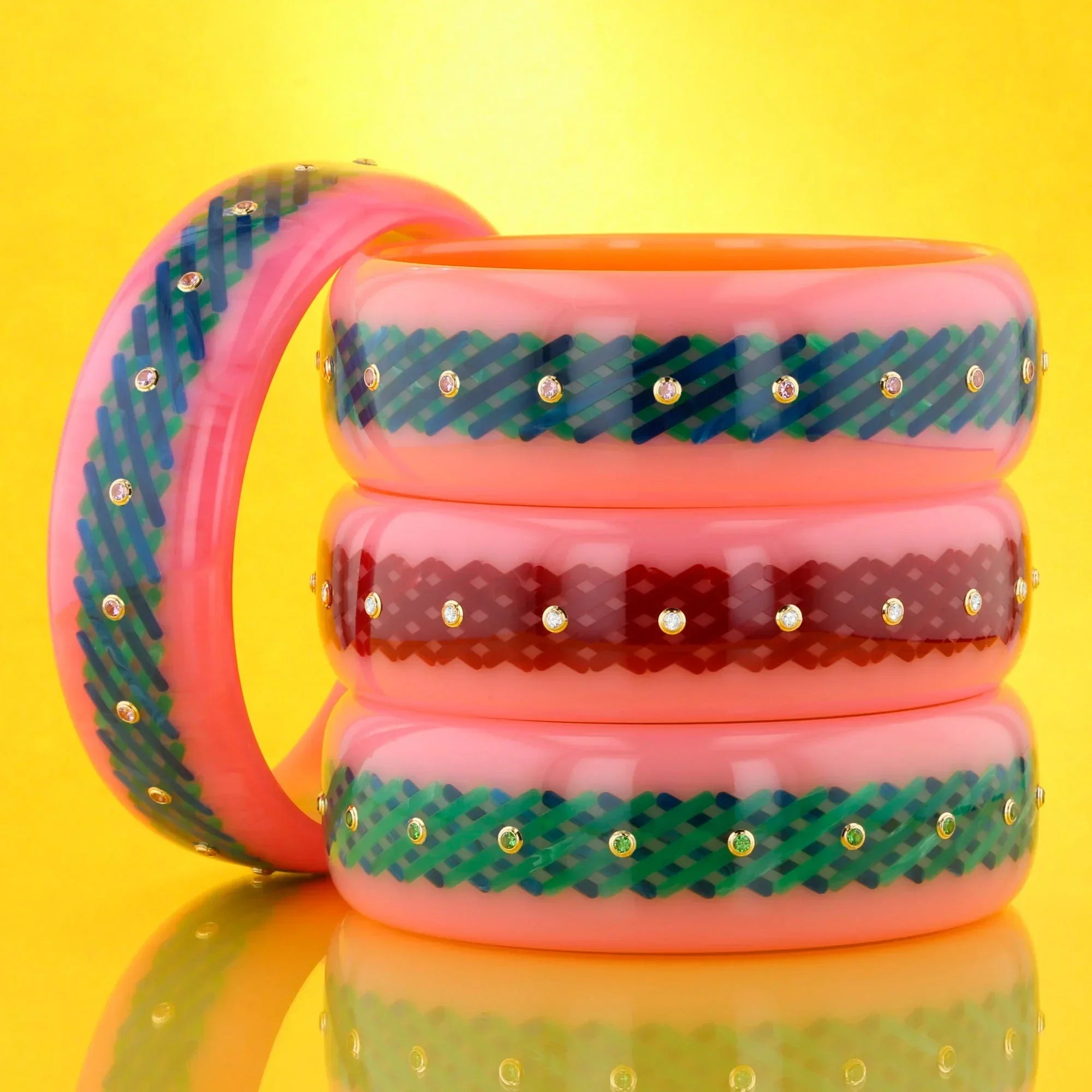 Elise Bangle | Bakelite with crosshatch inlay and stones.