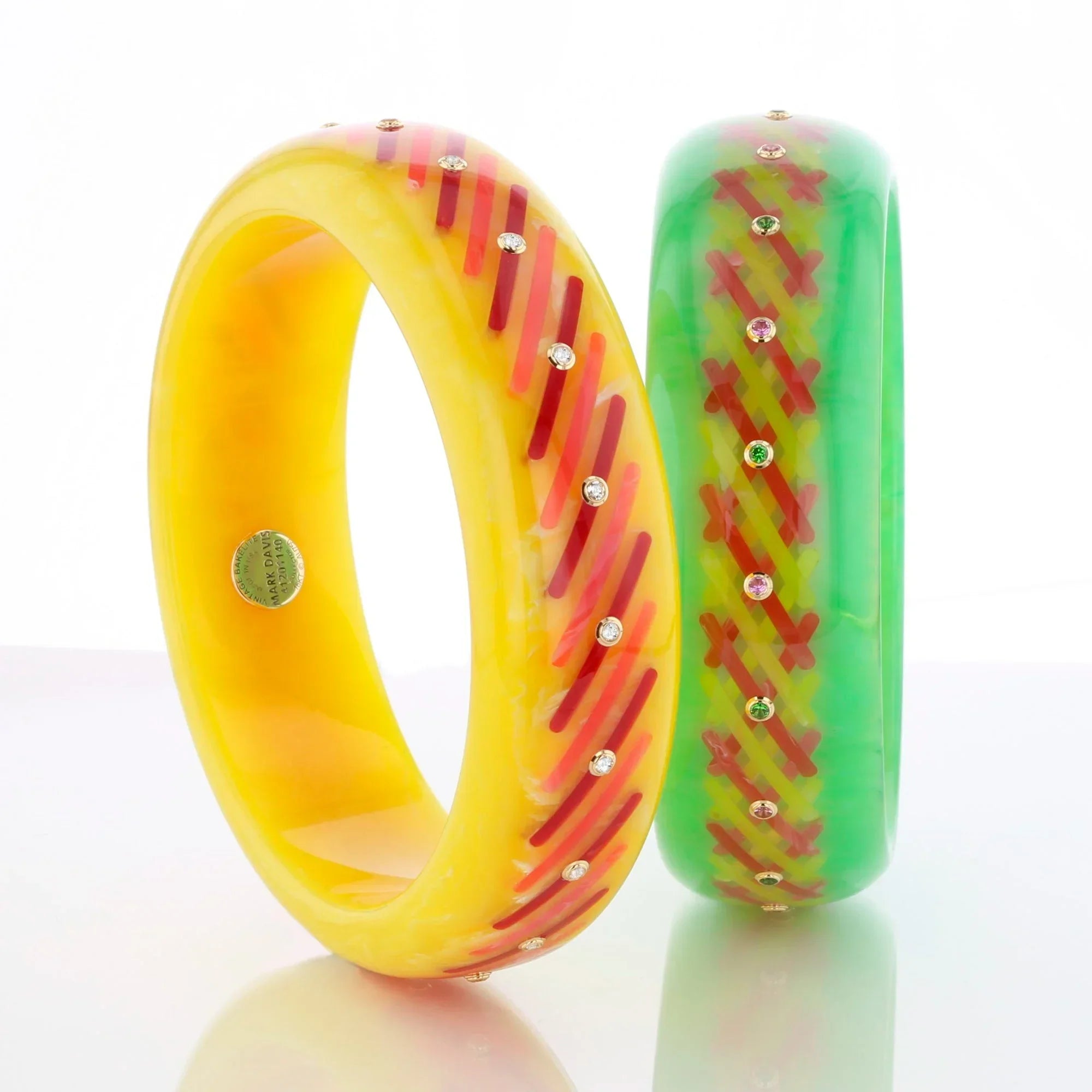 Elise Bangle | Bright green bakelite with inlay and stones.