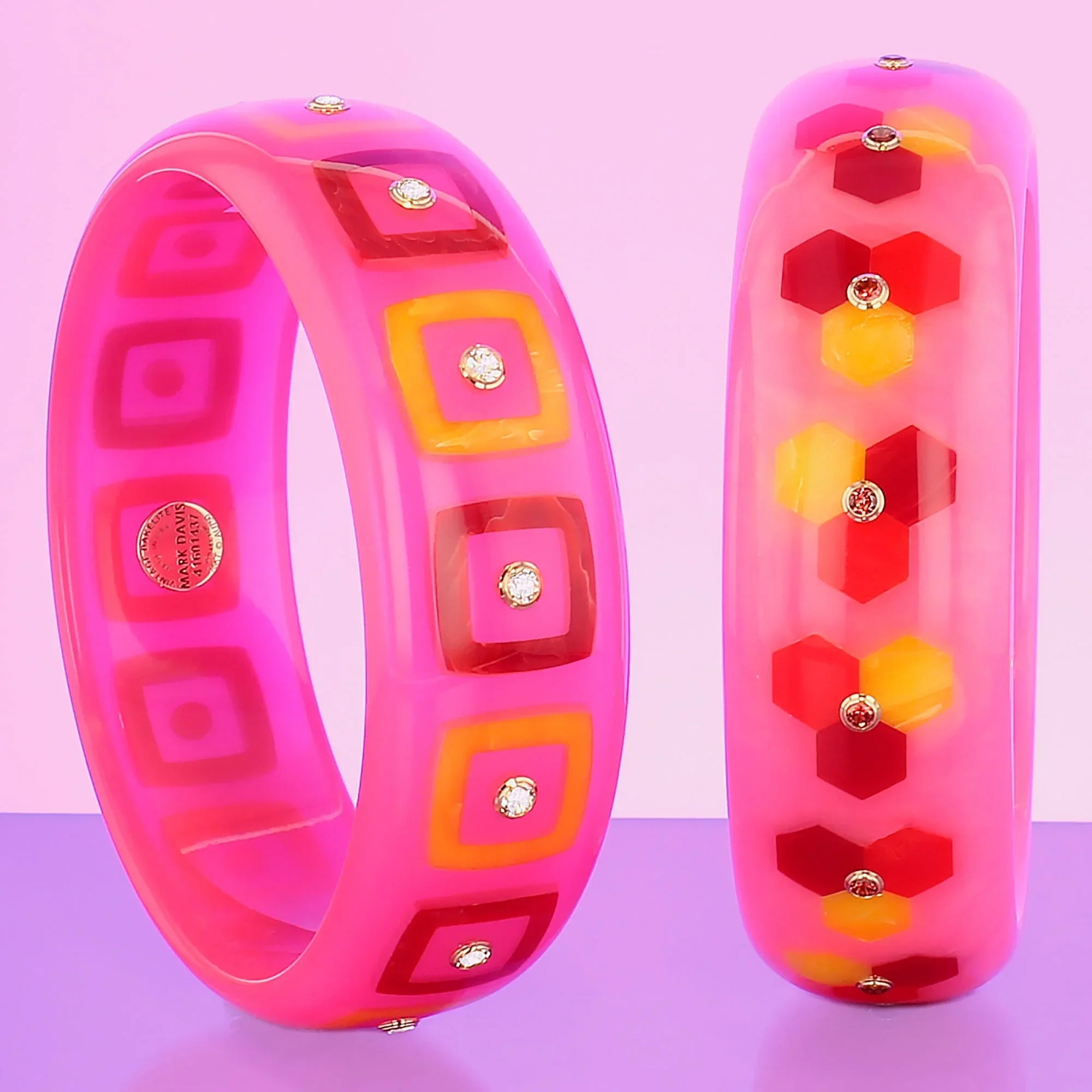 Ella Bangle | Translucent pink with inlay and stones.