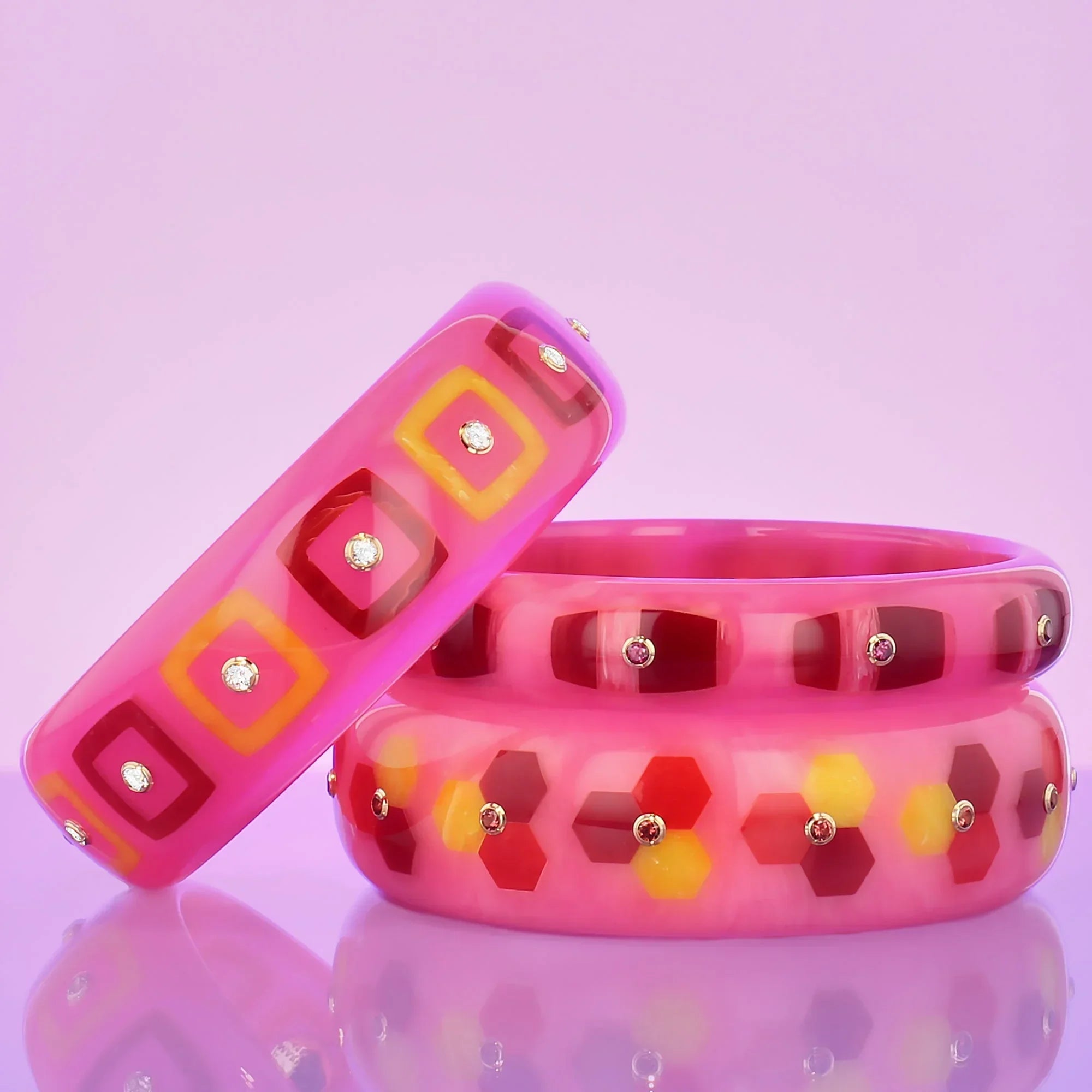 Ella Bangle | Translucent pink with inlay and stones.