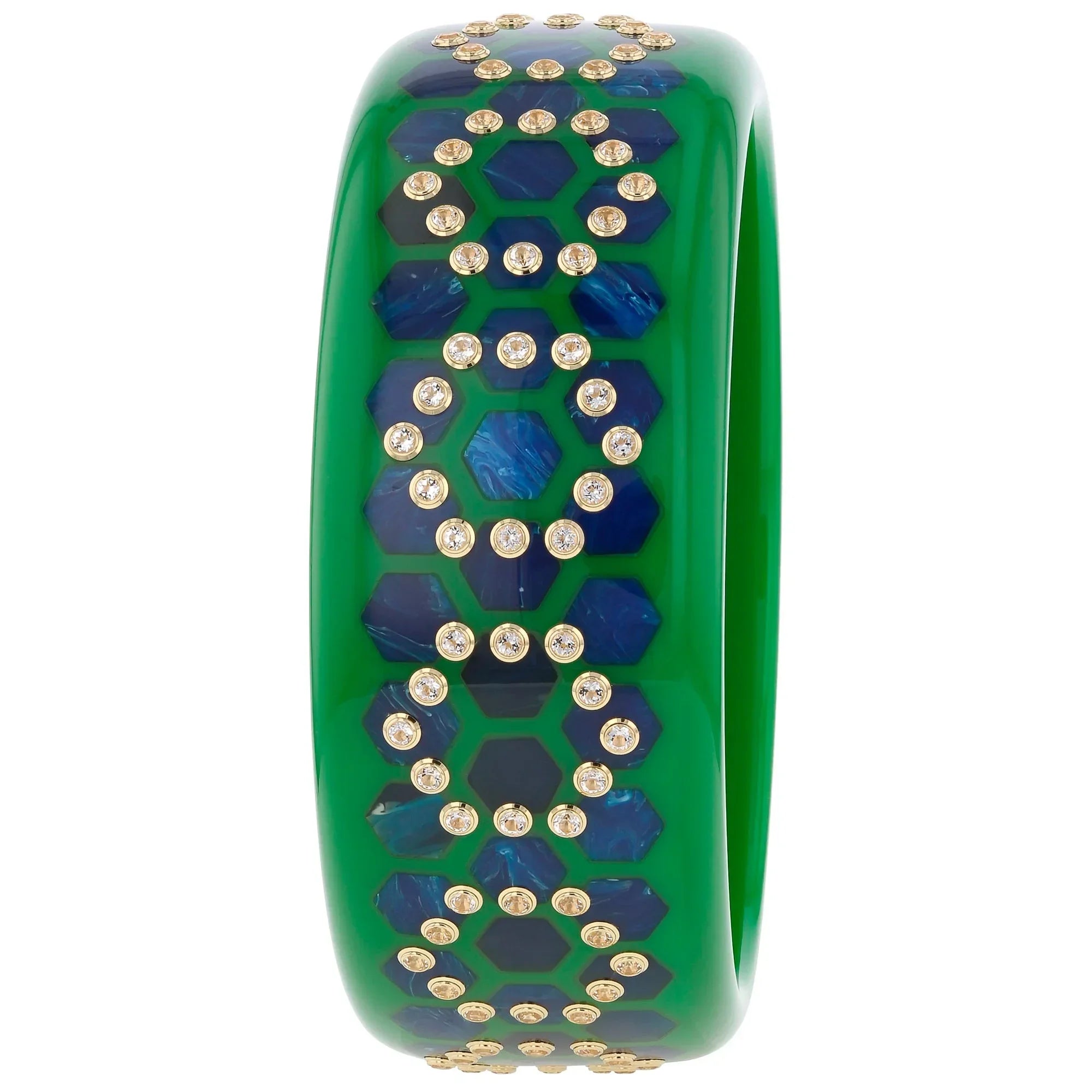 Finn III Bangle | Blue bakelite with hexagons inlay and stones.