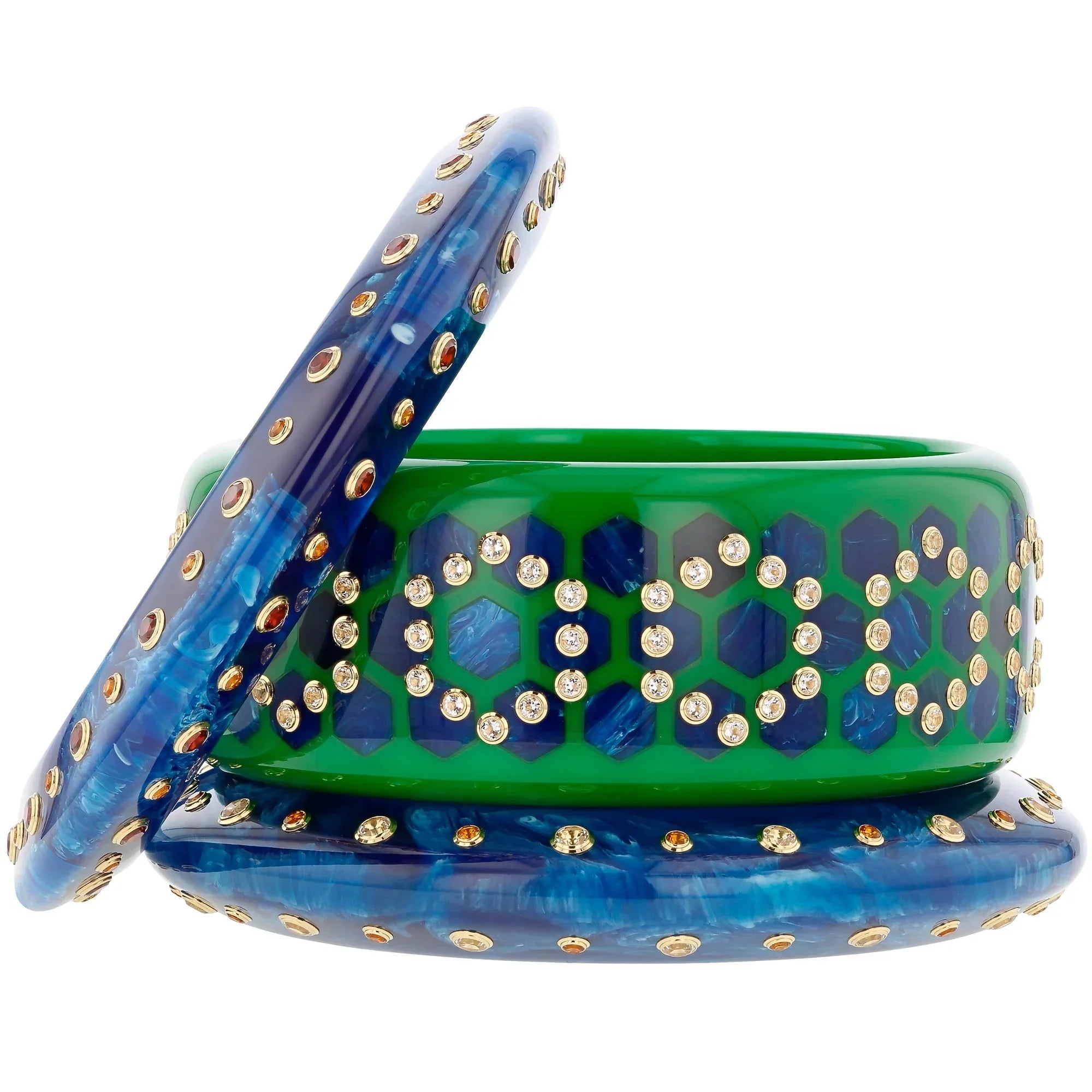 Finn III Bangle | Blue bakelite with hexagons inlay and stones.