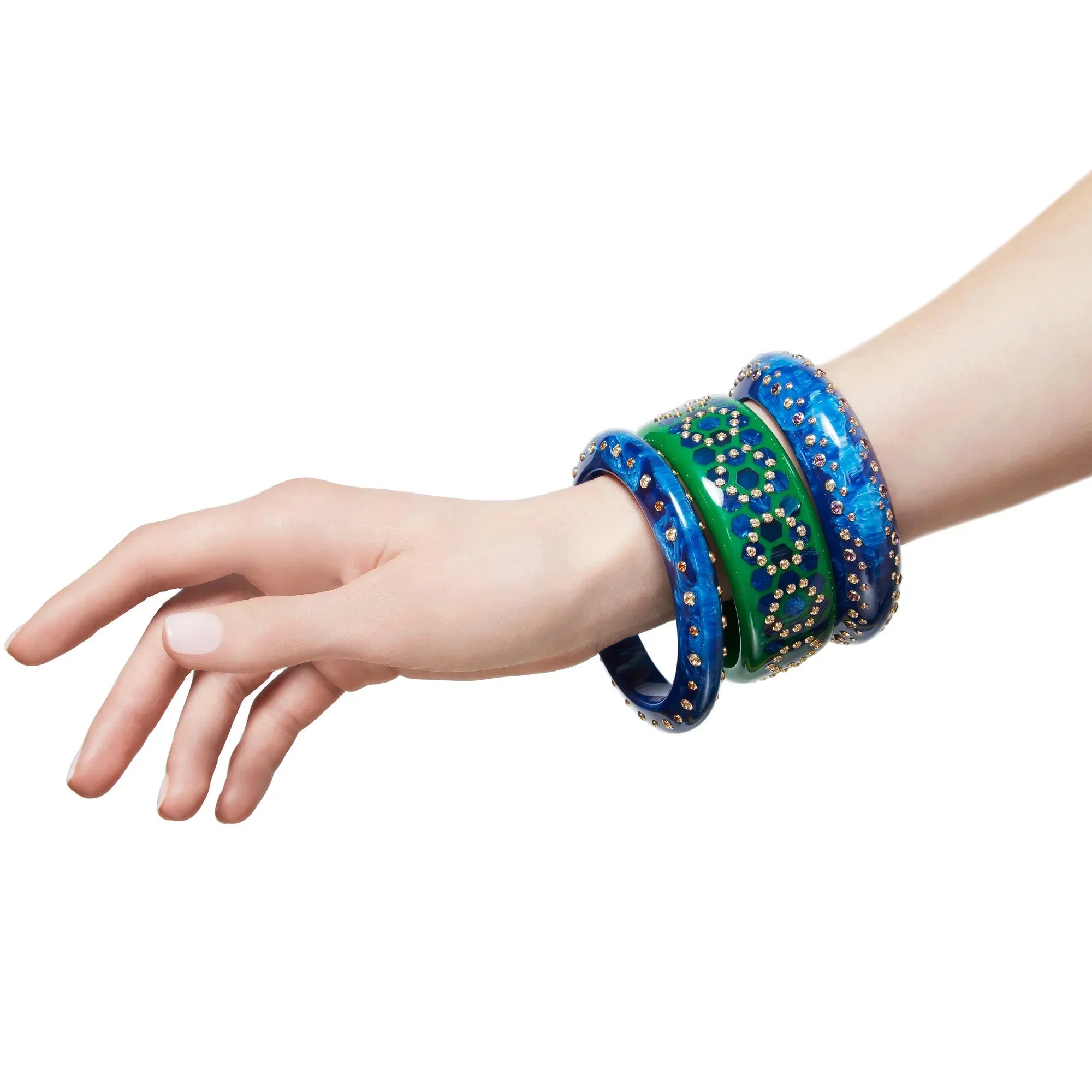 Finn III Bangle | Blue bakelite with hexagons inlay and stones.