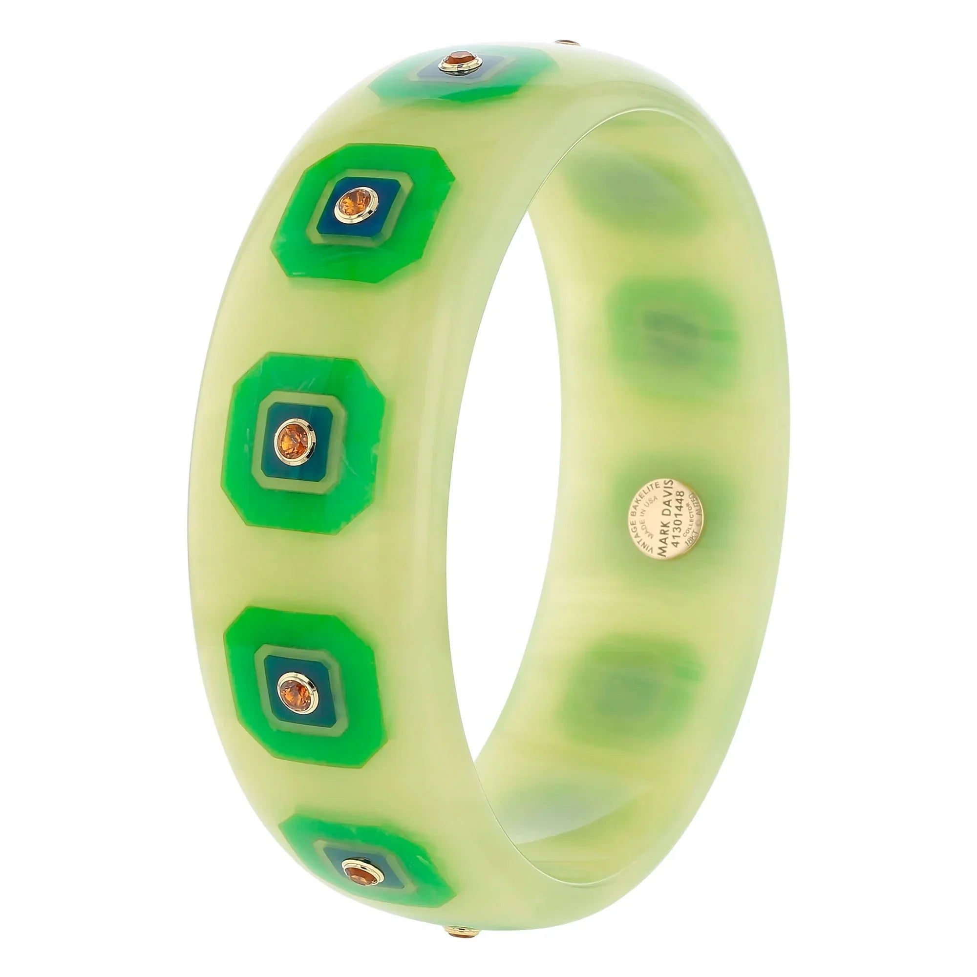Hailey Bangle | Pale green bakelite with inlay and stones.