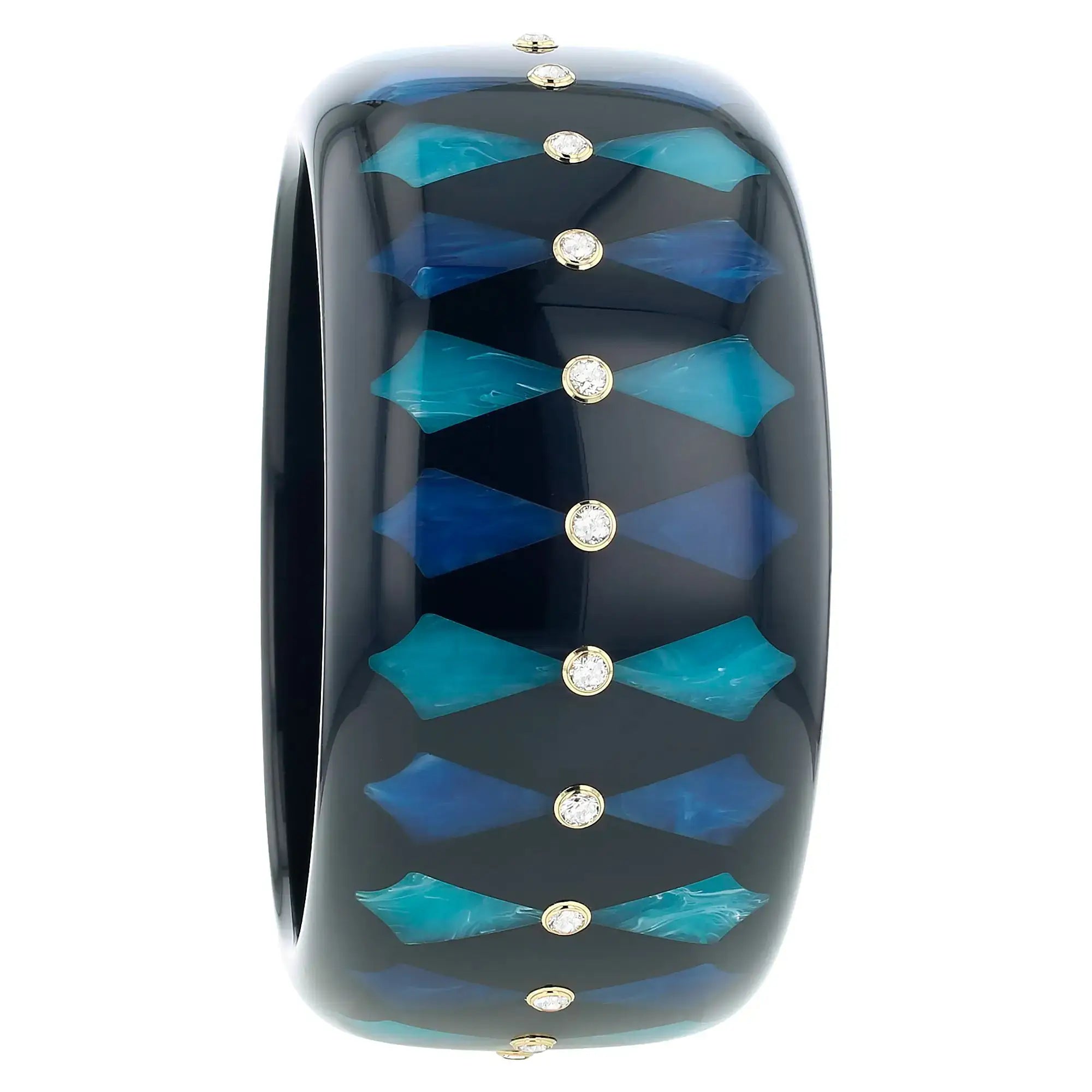 Harriet Bangle | Jet black bakelite with inlay and stones.