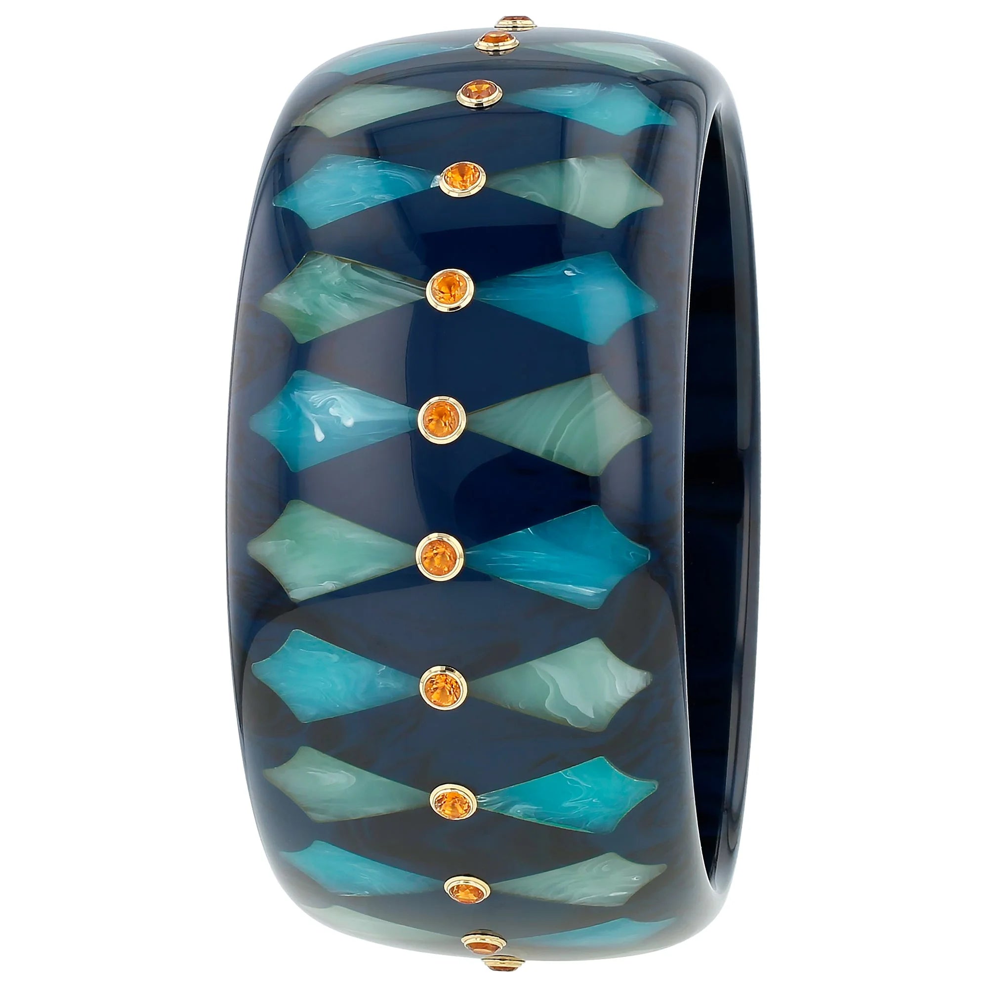 Harriet Bangle | Teal blue bakelite with inlay and stones.