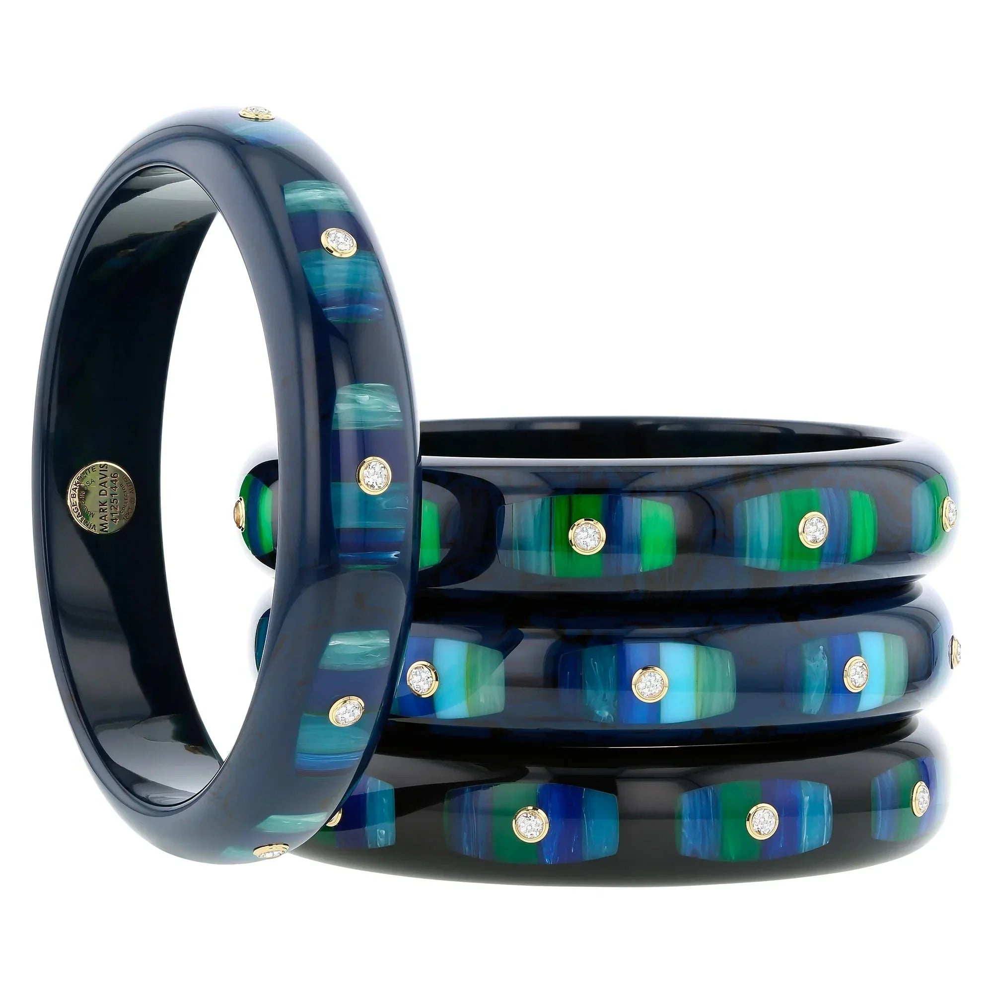 Hera Bangle | Ink black bakelite with inlay and stones.