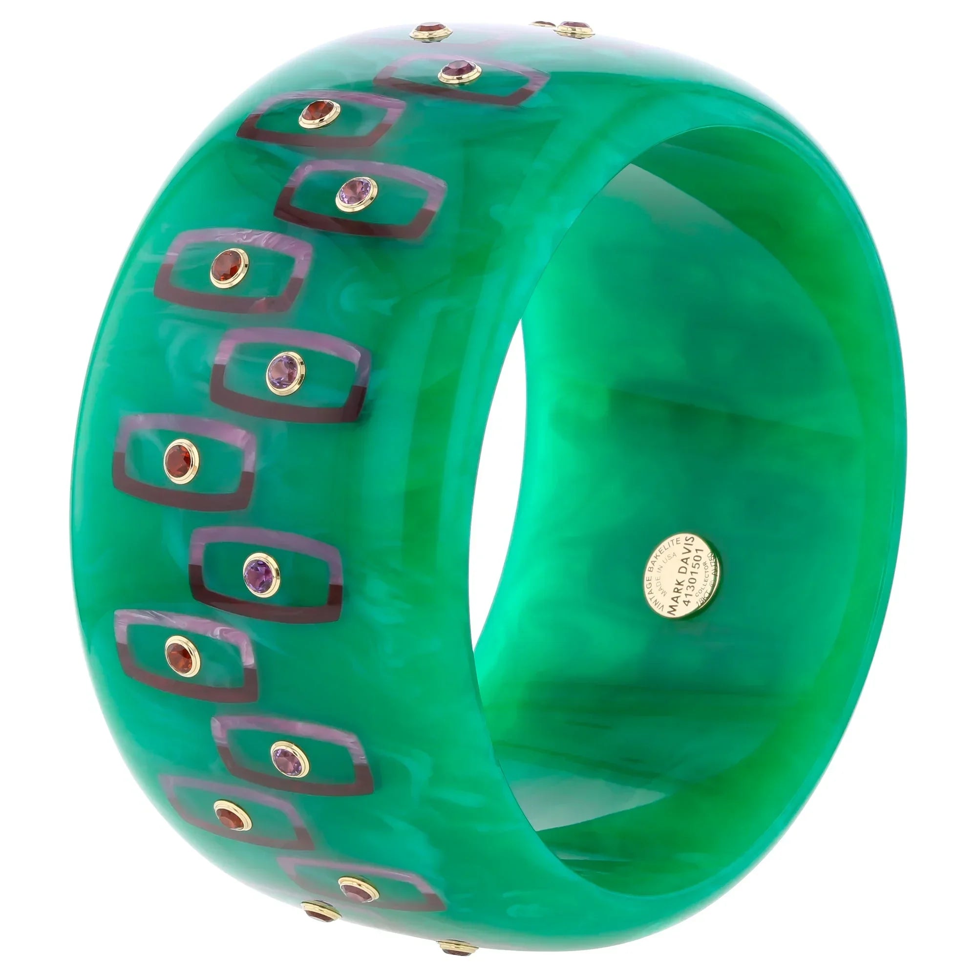 Hyatt Bangle | Coral green bakelite with inlay and stones.