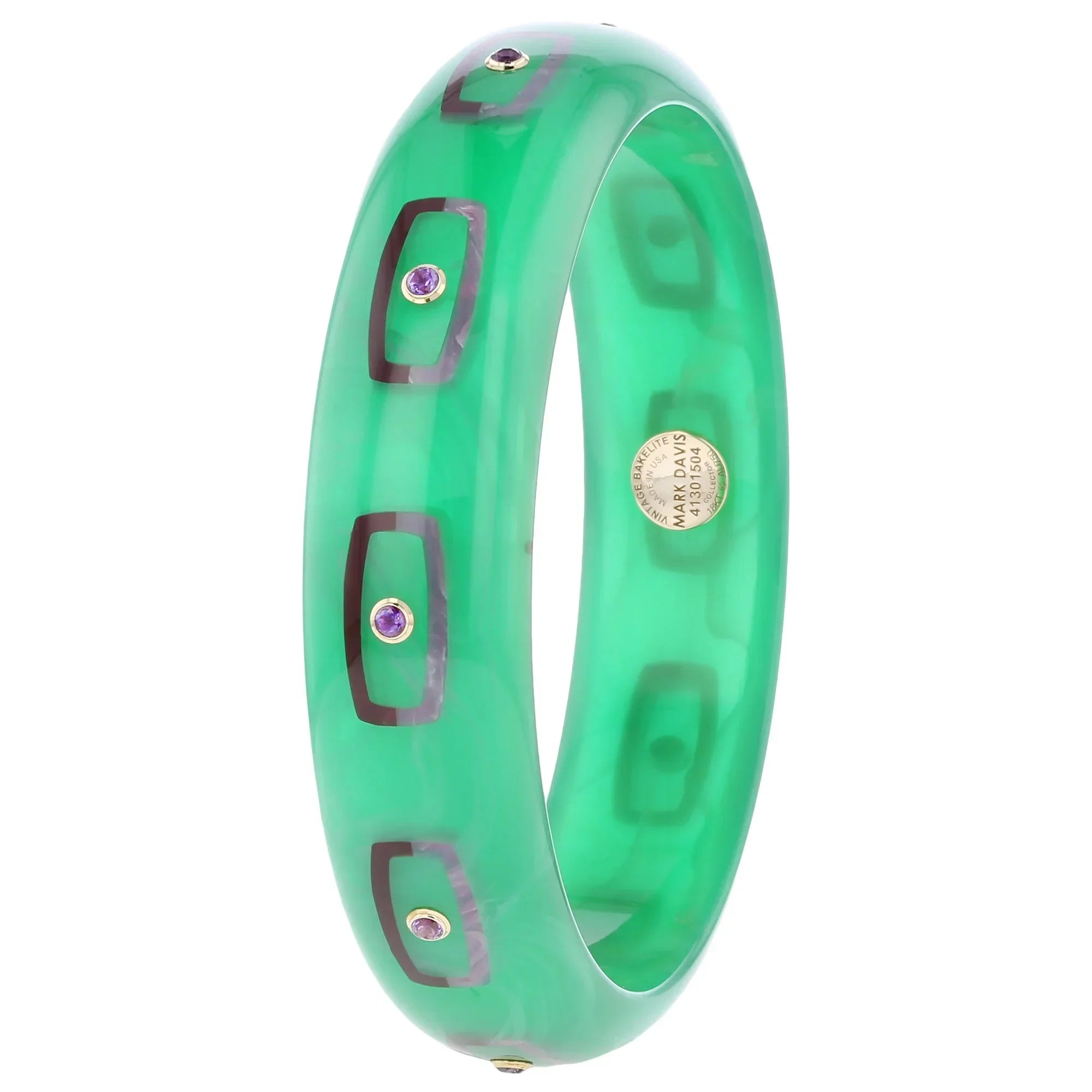 Hypatia Bangle | Pastel green bakelite with inlay and stones.