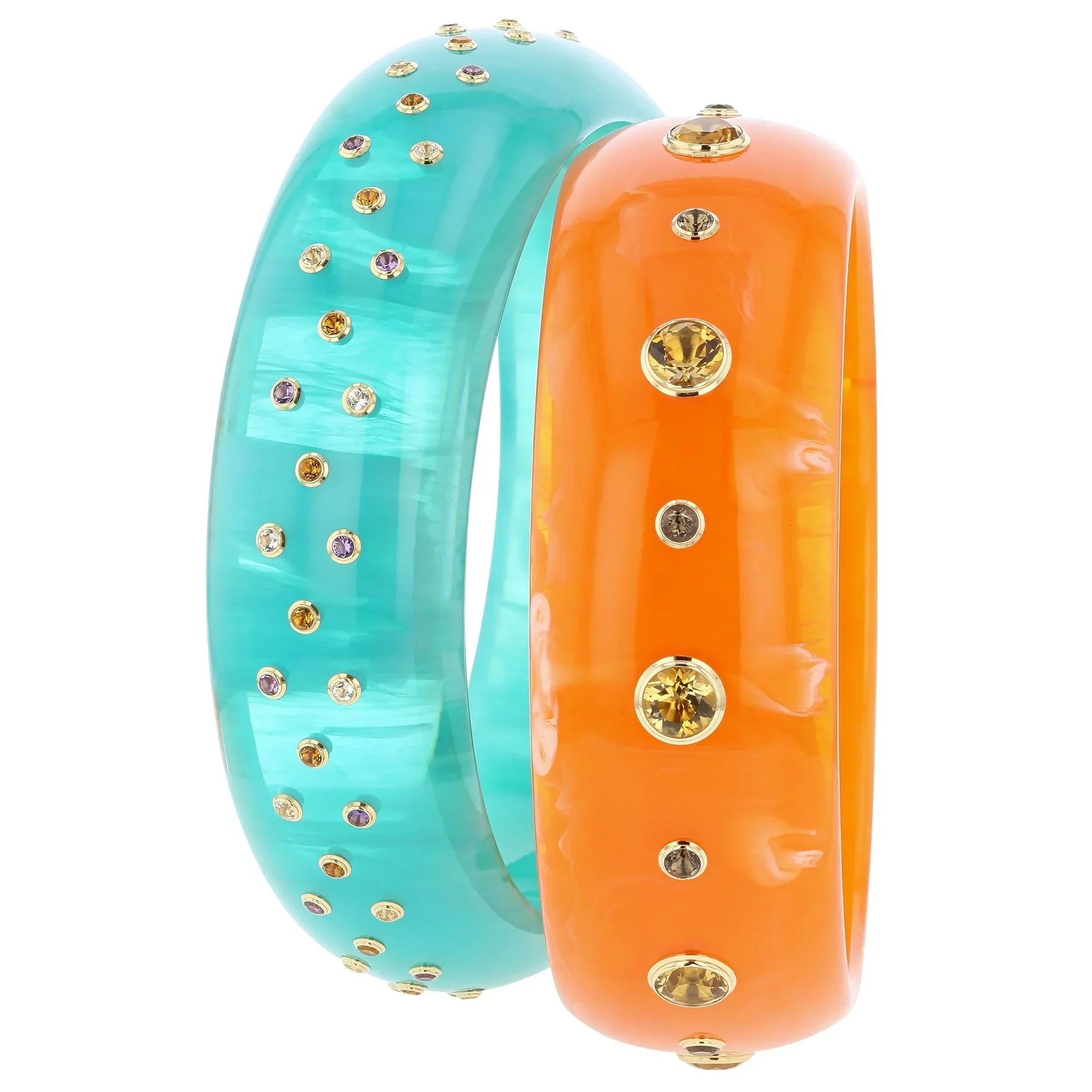 Iris Bangle | Marbled orange bakelite with stones.