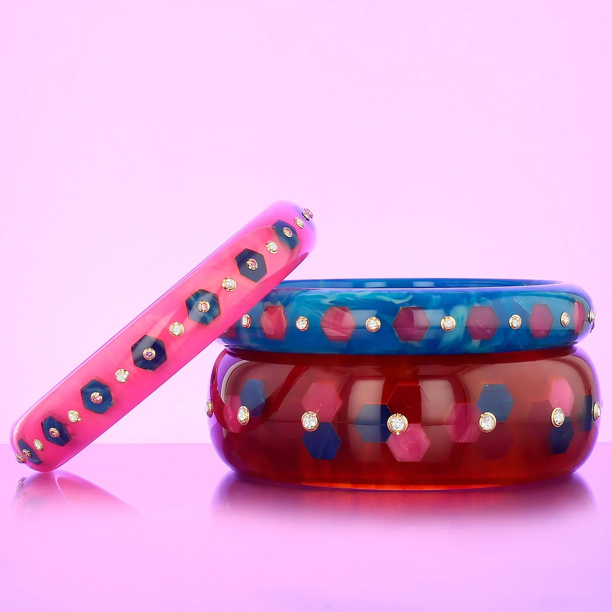 Isabella Bangle | Amaranth pink bakelite with inlay and stones.