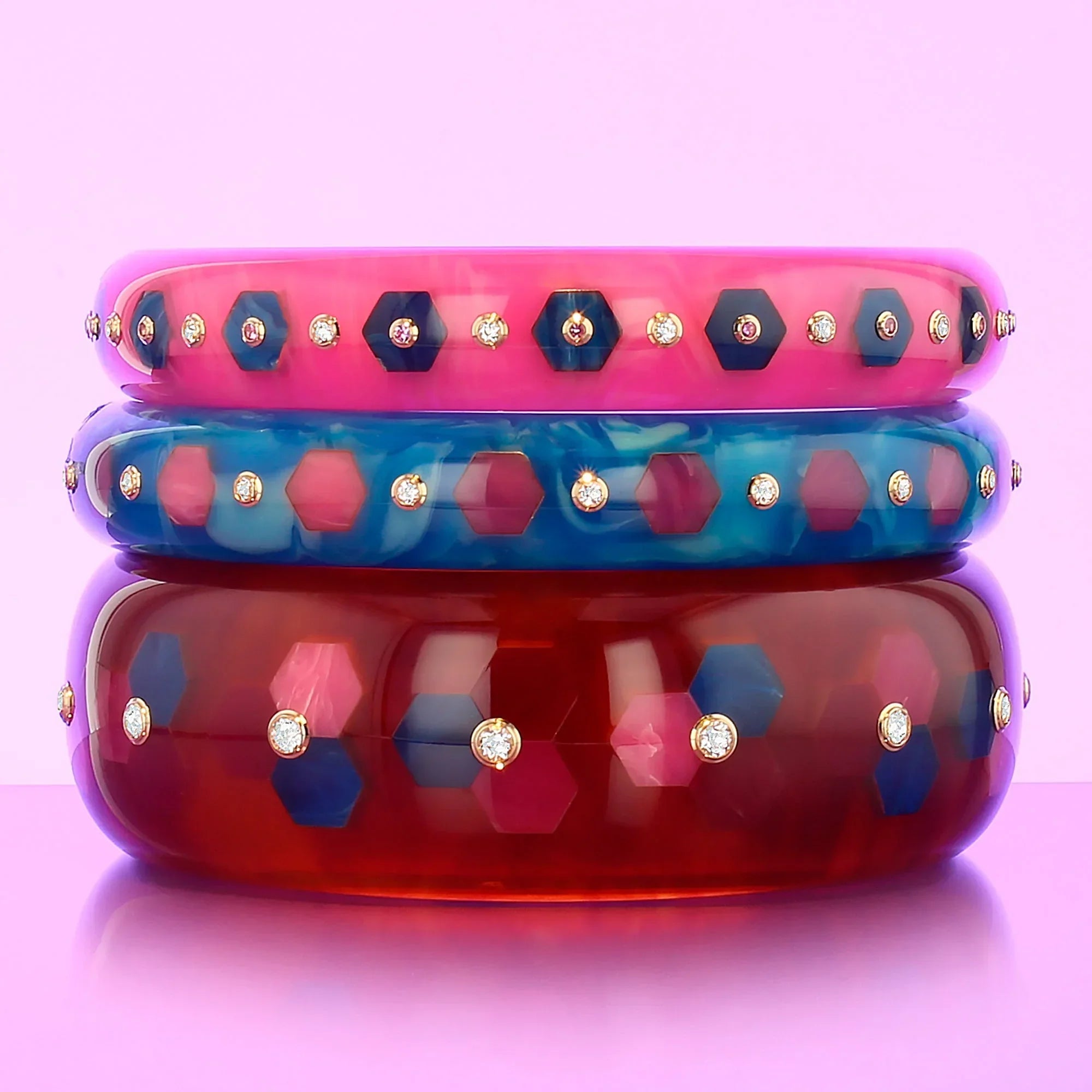 Isabella Bangle | Amaranth pink bakelite with inlay and stones.