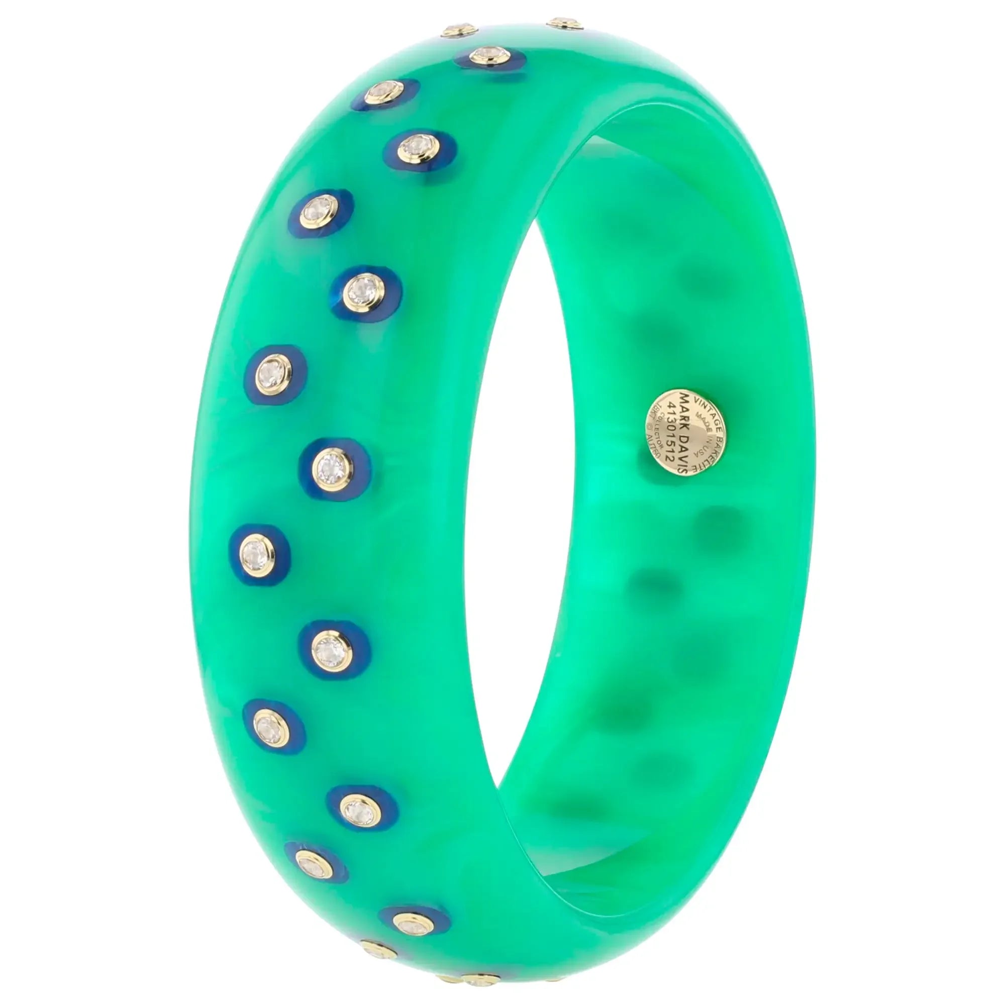 Joy Bangle | Spring green bakelite with inlay and stones.