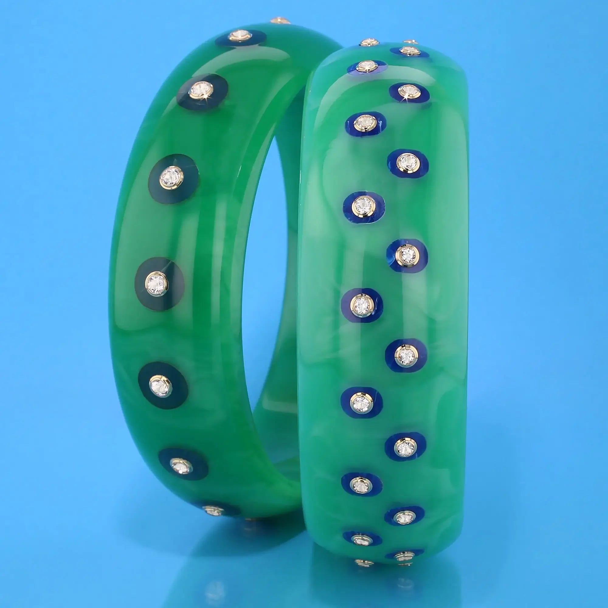 Joy Bangle | Spring green bakelite with inlay and stones.