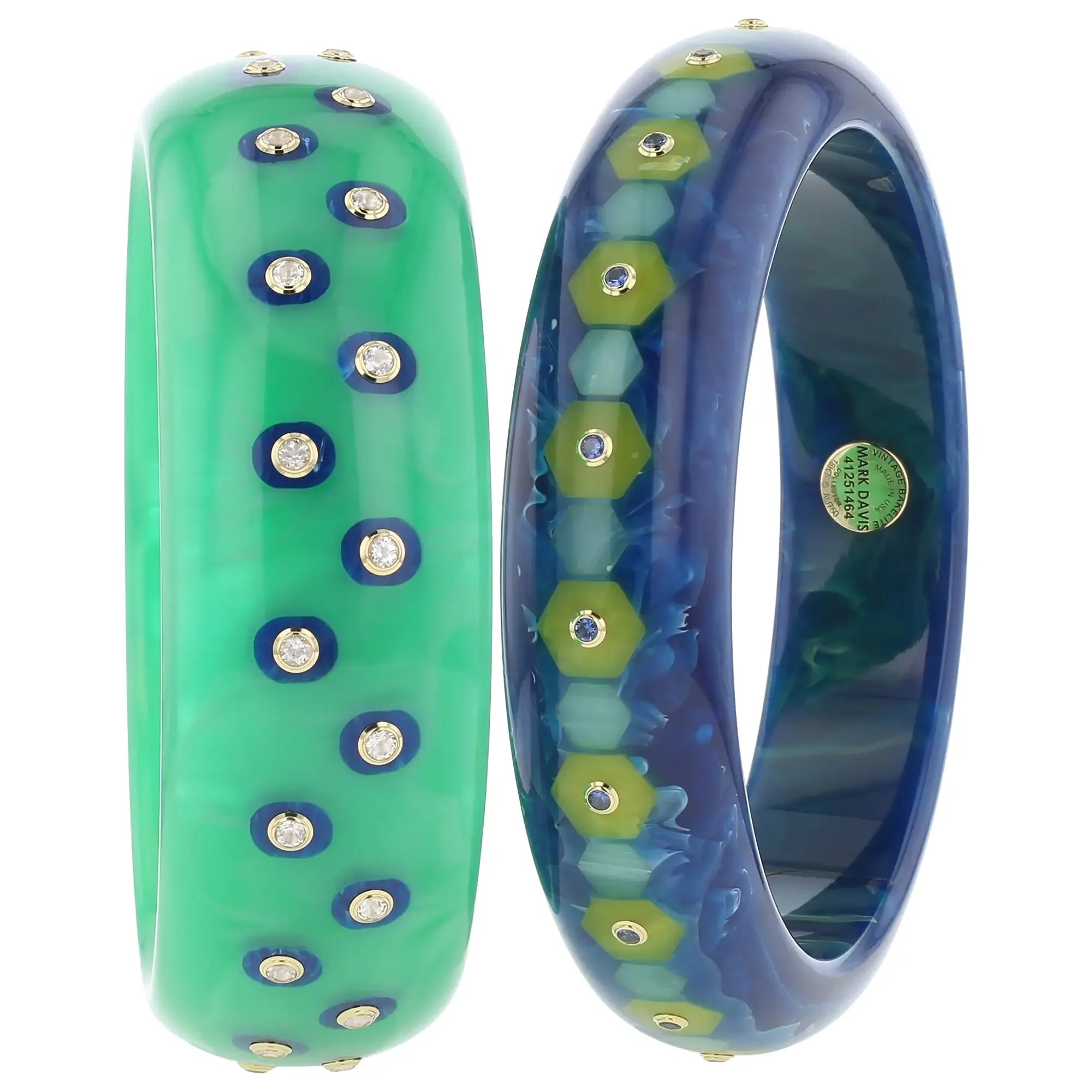 Joy Bangle | Spring green bakelite with inlay and stones.